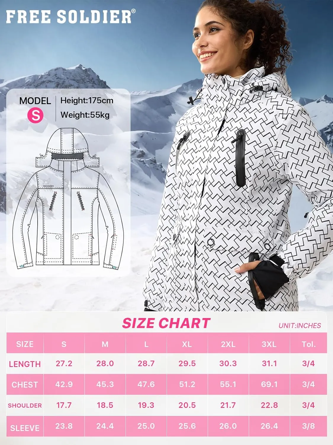 FREE SOLDIER Women's Waterproof Ski Snow Jacket Warm Fleece Lined Winter Rain Jacket with Hood Fully Taped Seams