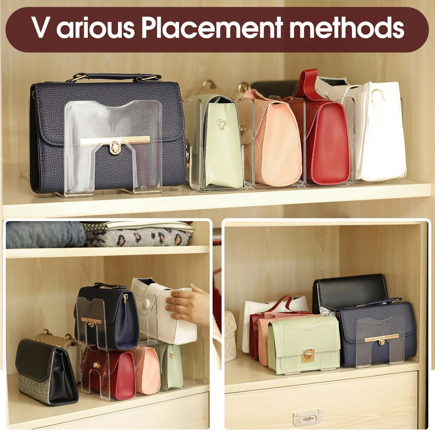 frtzal Purse Handbag Organizer 4 Sections Bag Closet Shelf Divider Purse Display Stand Handbag Storage Organizer Clear Desk File Sorter Stand Holder Bookshelf 13 x 6 x 5 Inches (4pcs upright)