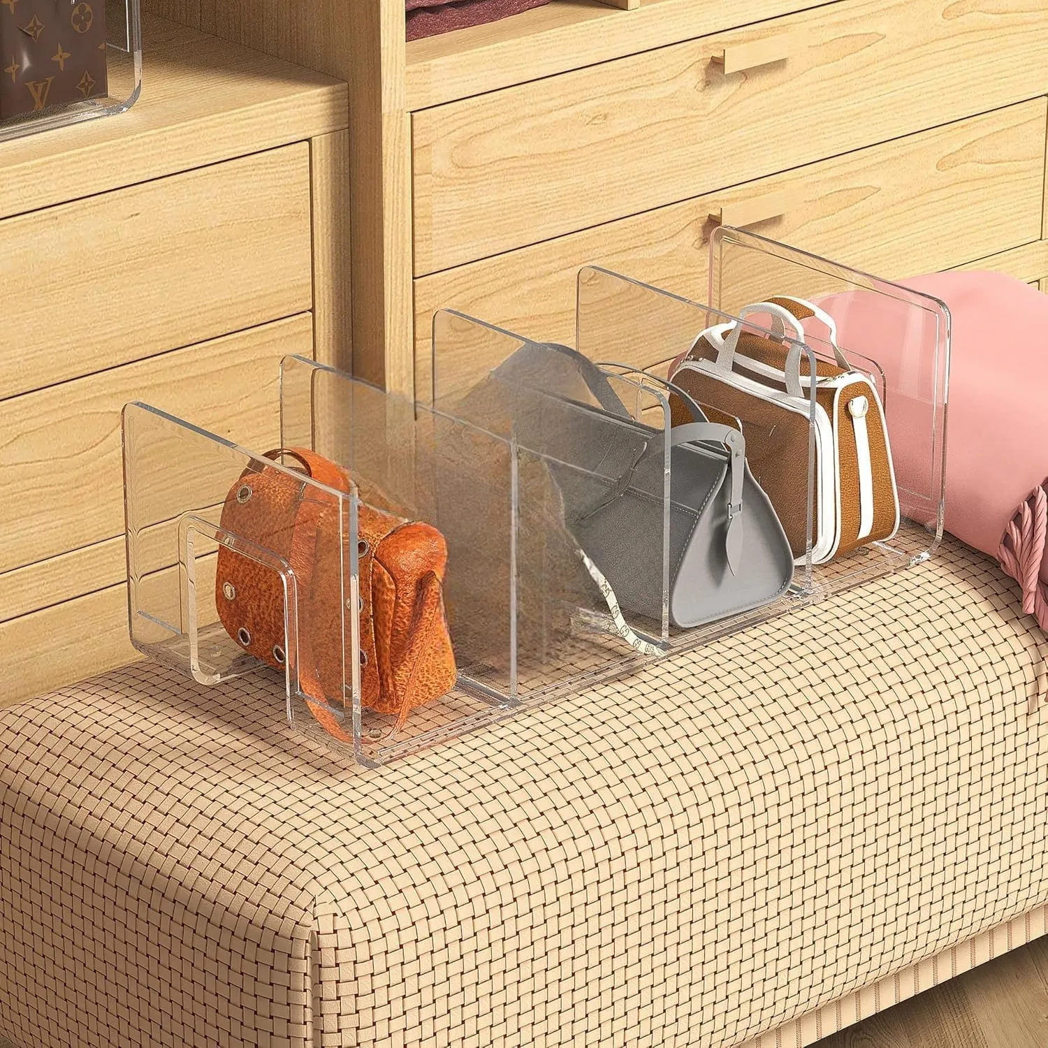 frtzal Purse Handbag Organizer 4 Sections Bag Closet Shelf Divider Purse Display Stand Handbag Storage Organizer Clear Desk File Sorter Stand Holder Bookshelf 13 x 6 x 5 Inches (4pcs upright)