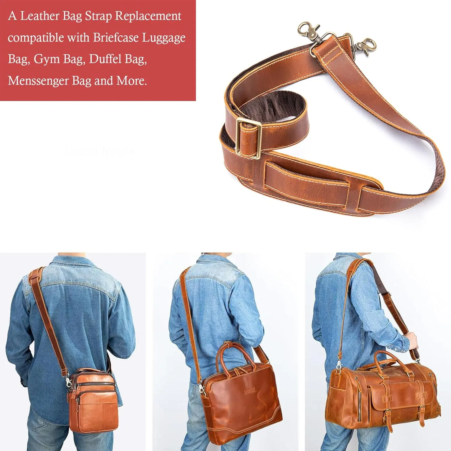 Full Grain Leather Bag Strap Replacement - Adjustable Shoulder Strap for Messenger Briefcase Duffle Crossbody Bags