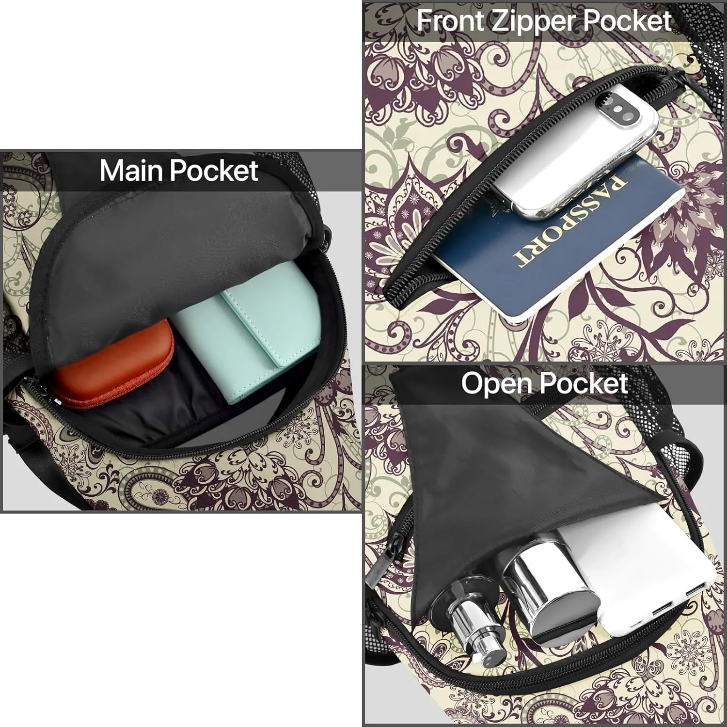 FyLybois Ethnic Paisley Sling Bag Crossbody Travel Hiking Bags Mini Chest Backpack Casual Shoulder Daypack for Women Men with Strap Lightweight Outdoor Sport Climbing Runners
