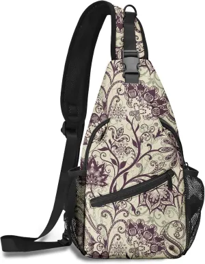 FyLybois Ethnic Paisley Sling Bag Crossbody Travel Hiking Bags Mini Chest Backpack Casual Shoulder Daypack for Women Men with Strap Lightweight Outdoor Sport Climbing Runners