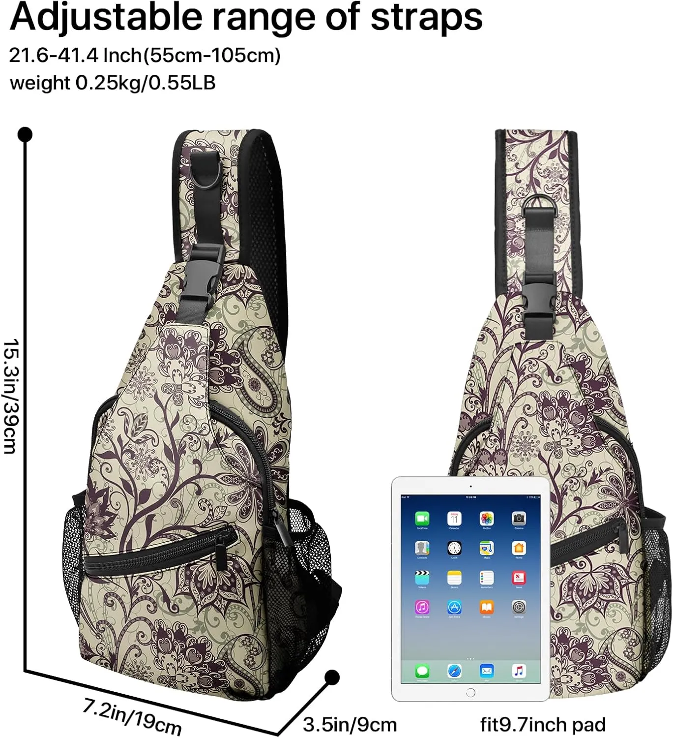 FyLybois Ethnic Paisley Sling Bag Crossbody Travel Hiking Bags Mini Chest Backpack Casual Shoulder Daypack for Women Men with Strap Lightweight Outdoor Sport Climbing Runners