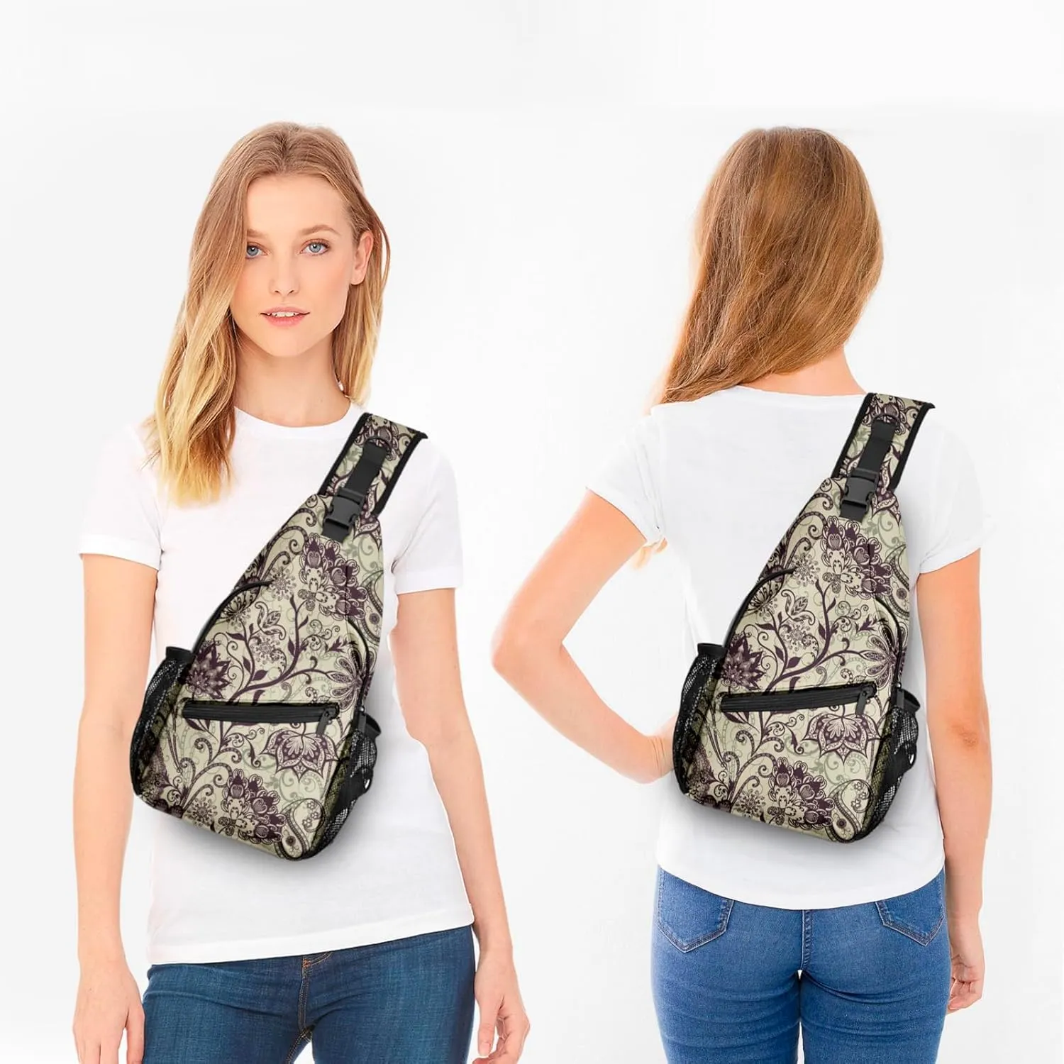 FyLybois Ethnic Paisley Sling Bag Crossbody Travel Hiking Bags Mini Chest Backpack Casual Shoulder Daypack for Women Men with Strap Lightweight Outdoor Sport Climbing Runners