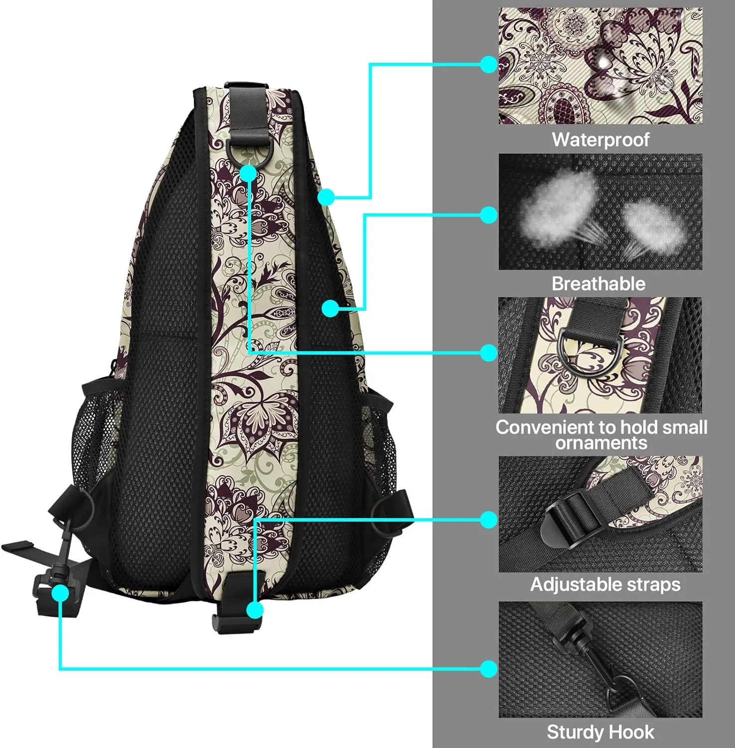 FyLybois Ethnic Paisley Sling Bag Crossbody Travel Hiking Bags Mini Chest Backpack Casual Shoulder Daypack for Women Men with Strap Lightweight Outdoor Sport Climbing Runners