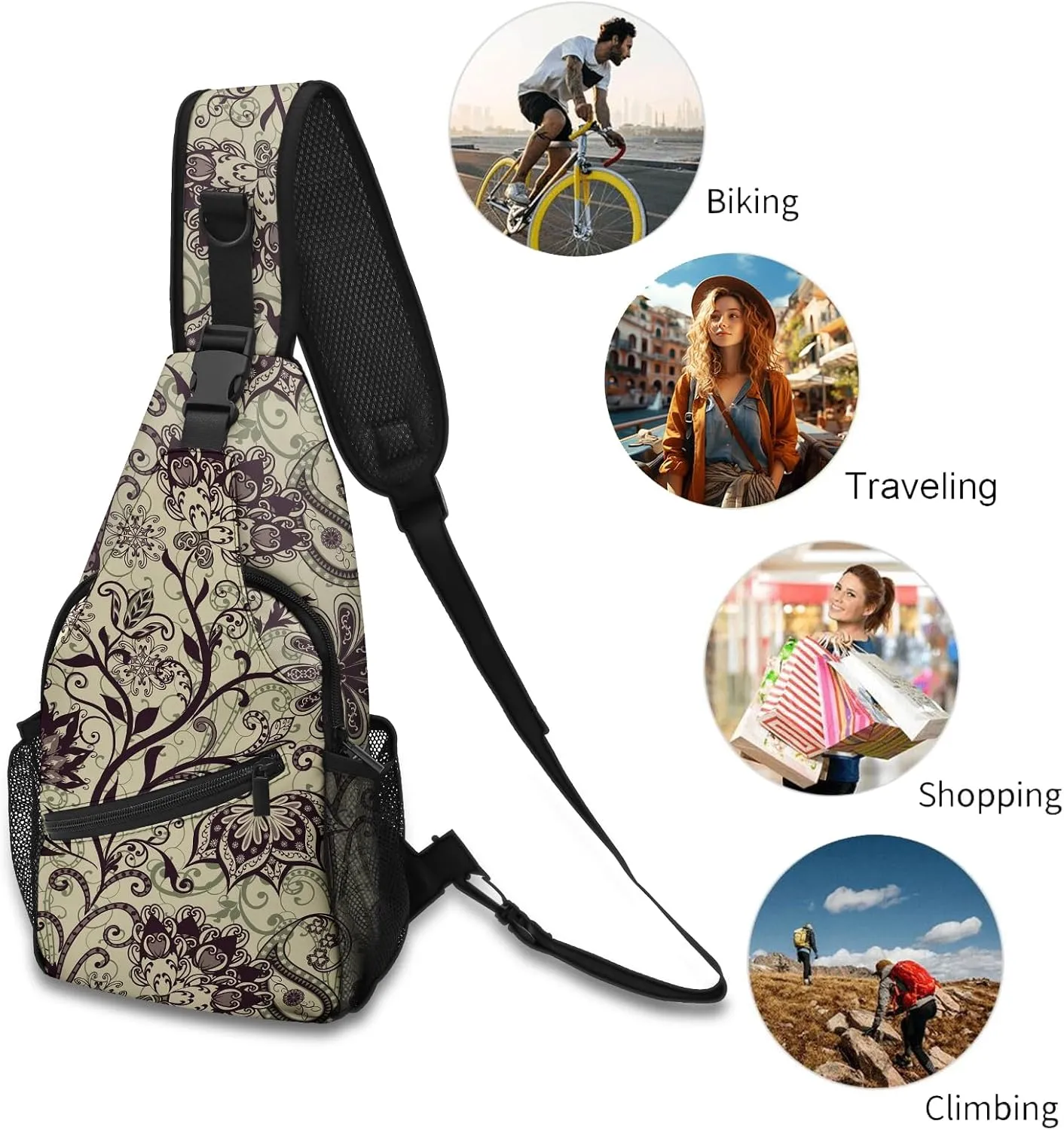 FyLybois Ethnic Paisley Sling Bag Crossbody Travel Hiking Bags Mini Chest Backpack Casual Shoulder Daypack for Women Men with Strap Lightweight Outdoor Sport Climbing Runners