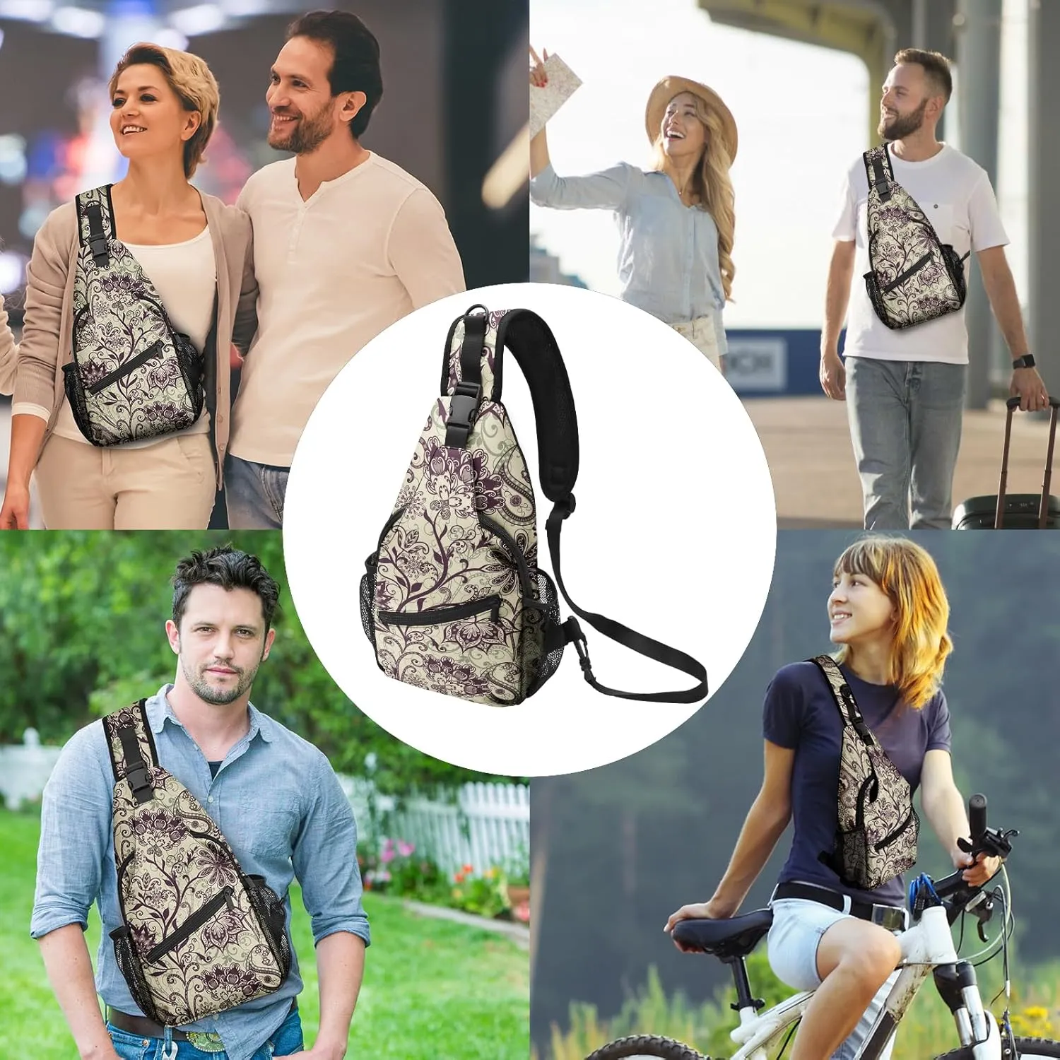 FyLybois Ethnic Paisley Sling Bag Crossbody Travel Hiking Bags Mini Chest Backpack Casual Shoulder Daypack for Women Men with Strap Lightweight Outdoor Sport Climbing Runners
