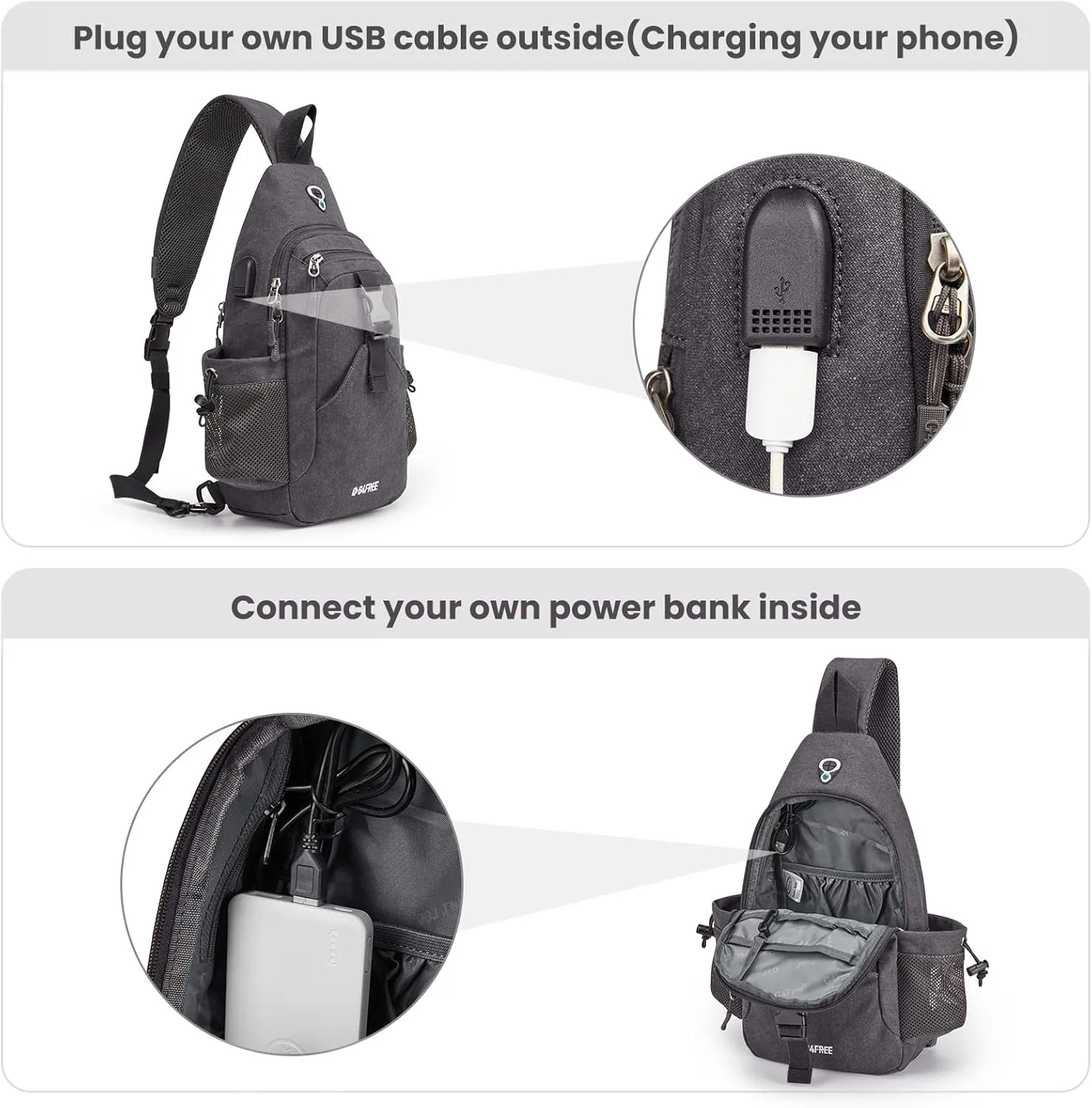 G4Free Canvas Sling Bag Crossbody Backpack with USB Charging Port & RFID Blocking, Hiking Daypack Chest Bag for Women Men