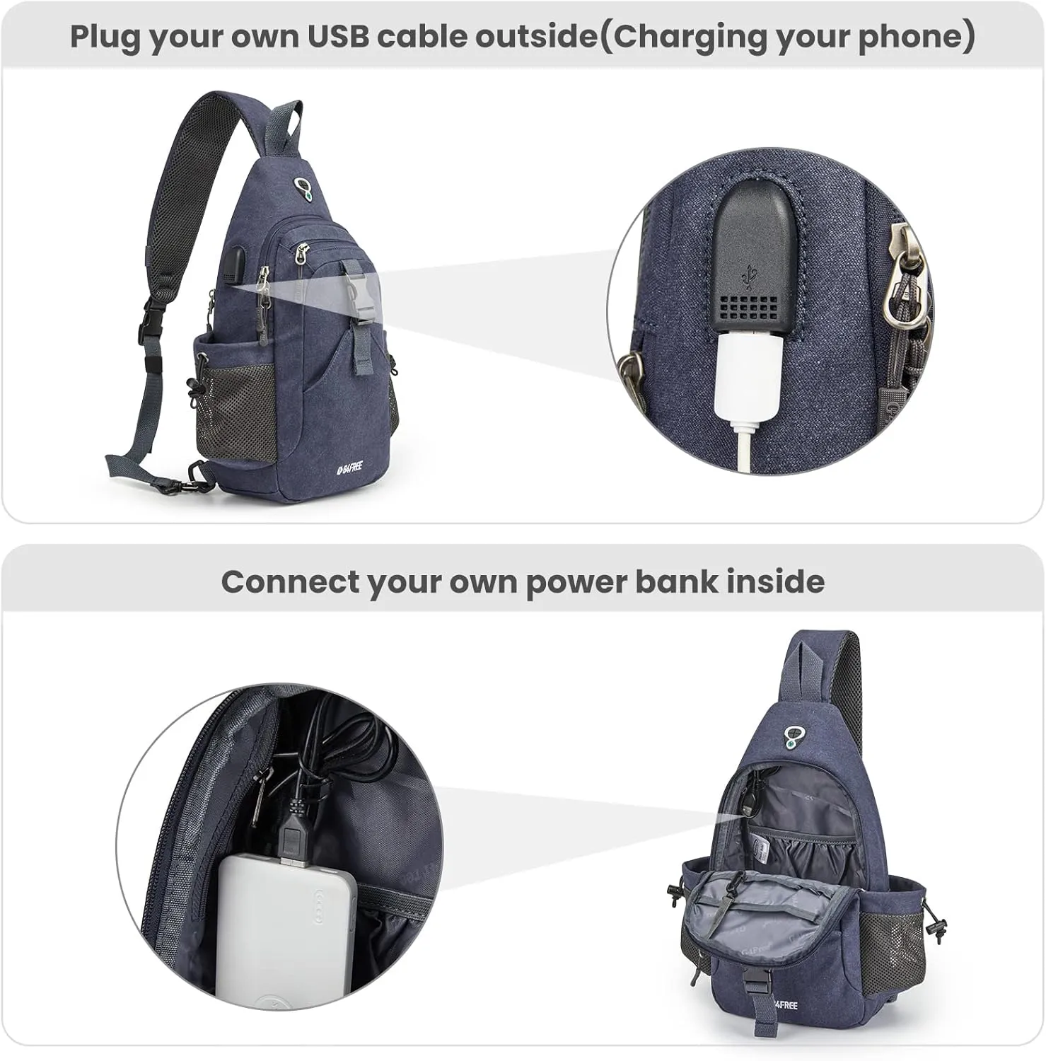G4Free Canvas Sling Bag Crossbody Backpack with USB Charging Port & RFID Blocking, Hiking Daypack Chest Bag for Women Men
