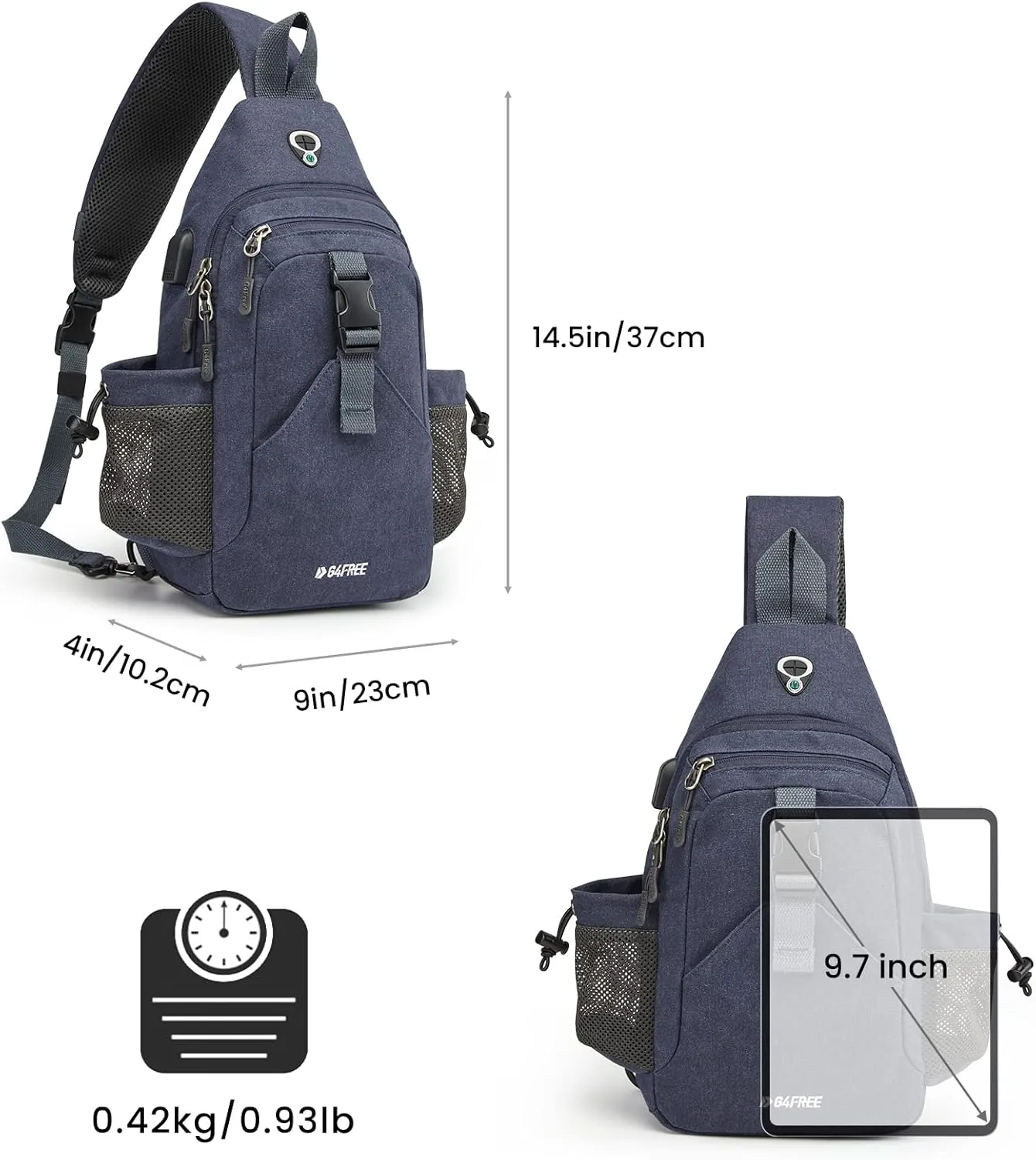 G4Free Canvas Sling Bag Crossbody Backpack with USB Charging Port & RFID Blocking, Hiking Daypack Chest Bag for Women Men