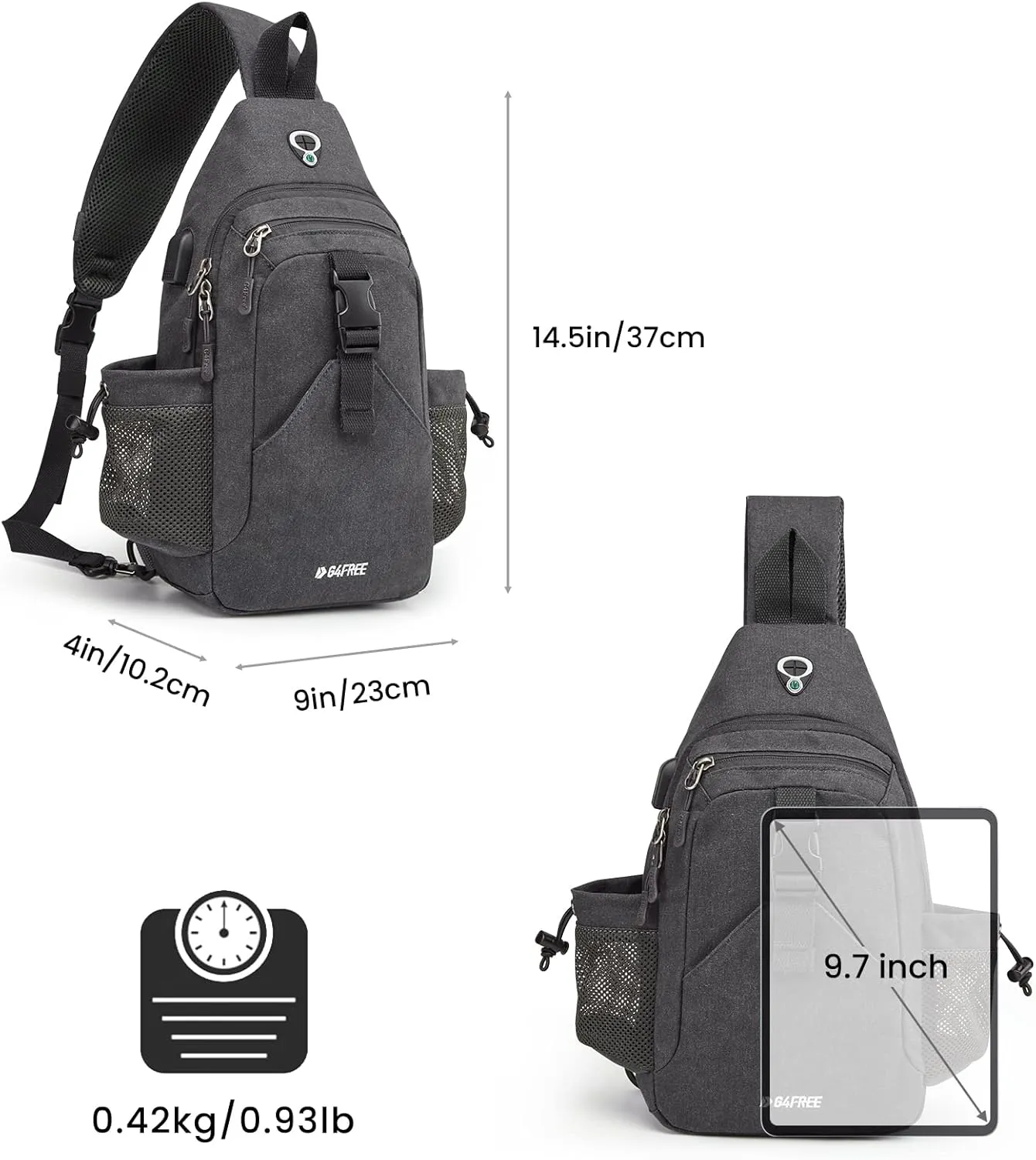 G4Free Canvas Sling Bag Crossbody Backpack with USB Charging Port & RFID Blocking, Hiking Daypack Chest Bag for Women Men