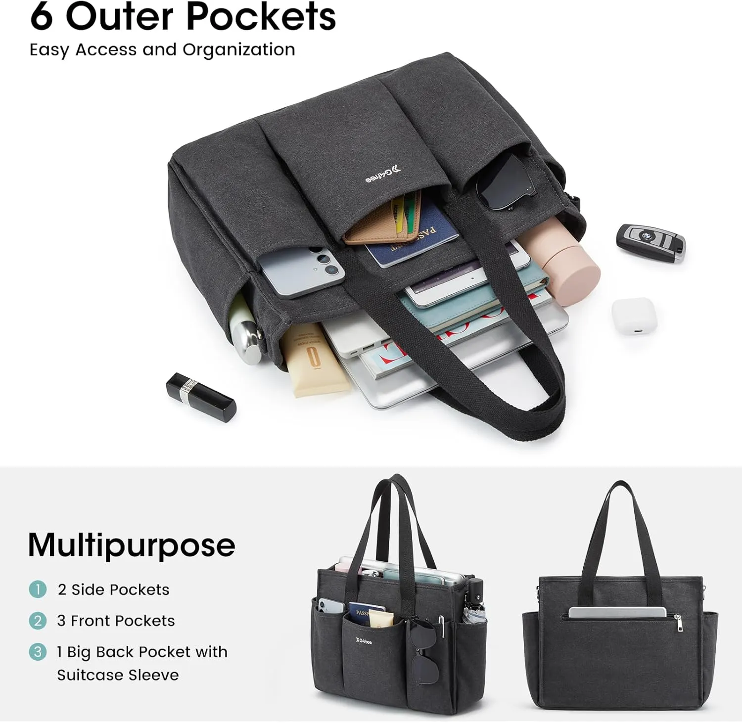 G4Free Canvas Tote Bag for Women with Pockets, Durable Crossbody Work Zipper Bag for Laptop, Bible, Nurse, Teacher, College