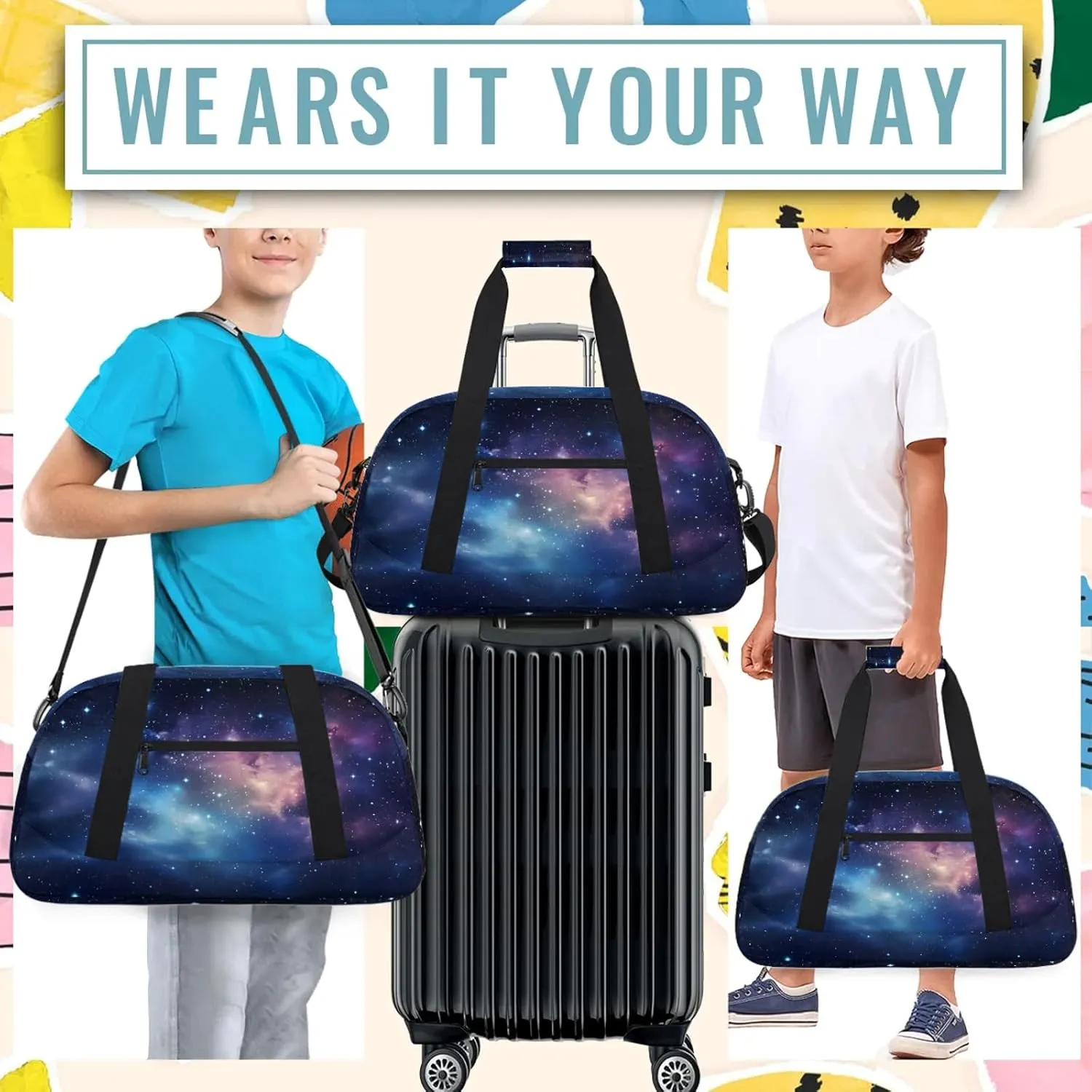 Galaxy Small Gym Bag 18 inch Carry On Duffel Bag for Weekender Travel Sports Workout Yoga Gymnastics Dance Ballet