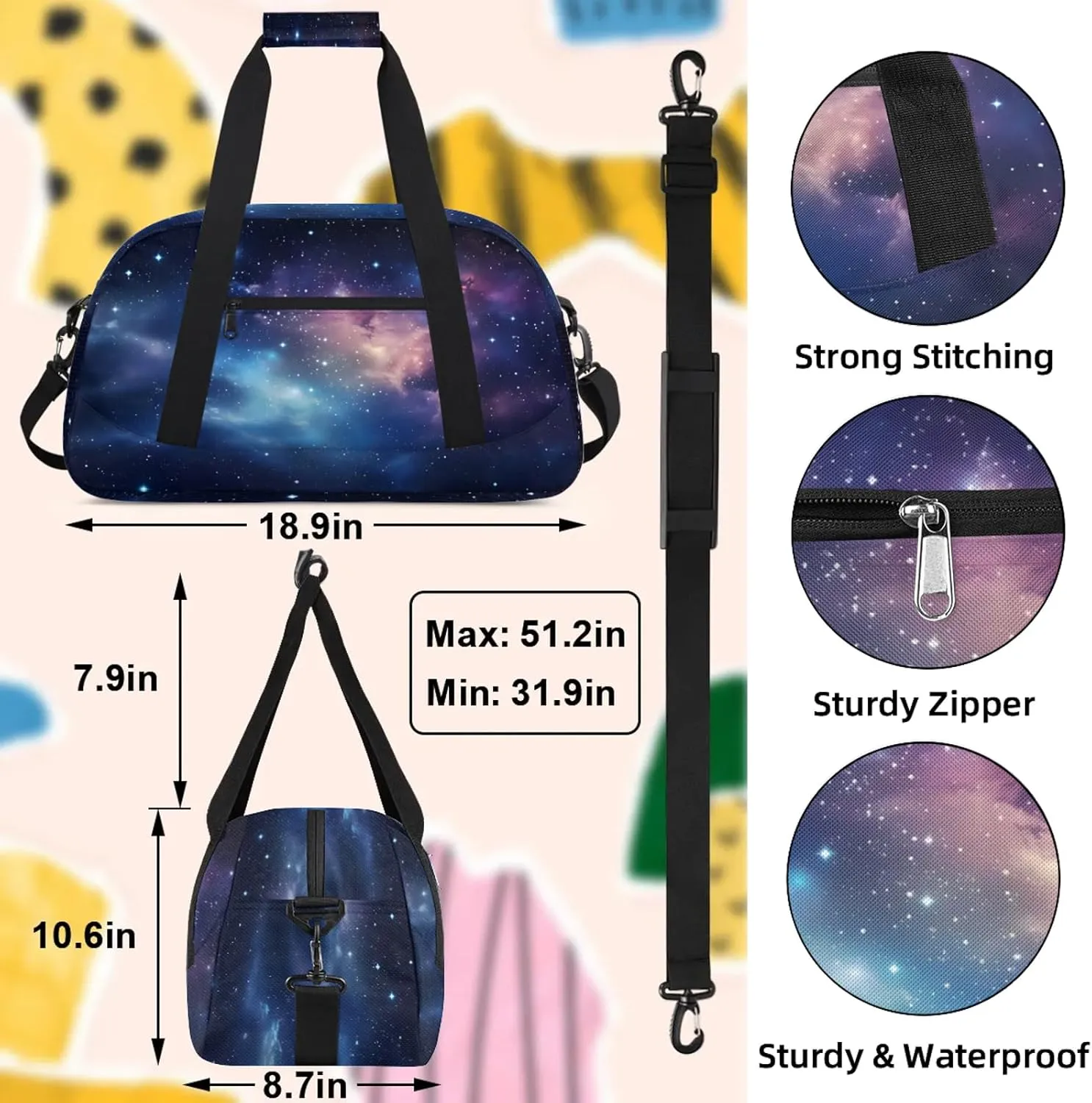 Galaxy Small Gym Bag 18 inch Carry On Duffel Bag for Weekender Travel Sports Workout Yoga Gymnastics Dance Ballet