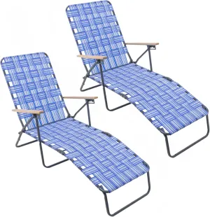 Garden Elements 2-Pack Adjustable Folding Chaise Lounge Chairs – Outdoor Recliners with Woven Fabric, Wood Armrests, Steel Frame – Portable Lawn, Patio, Pool, or Beach Loungers