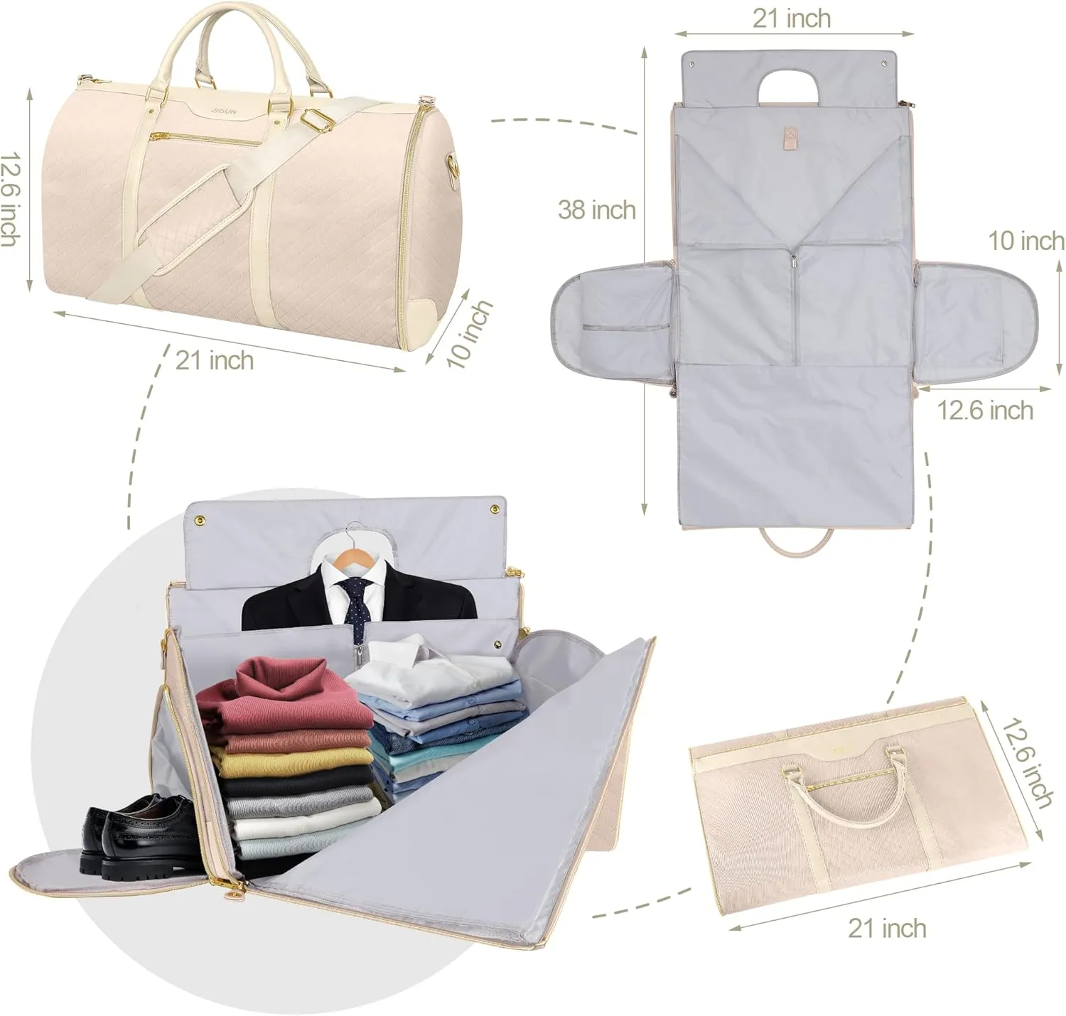 Garment Bag for Travel, Carry On Garment bag, Convertible Duffel Bag with Shoe Compartment, Perfect for Business Trips and Weekend Getaways (Beige3)