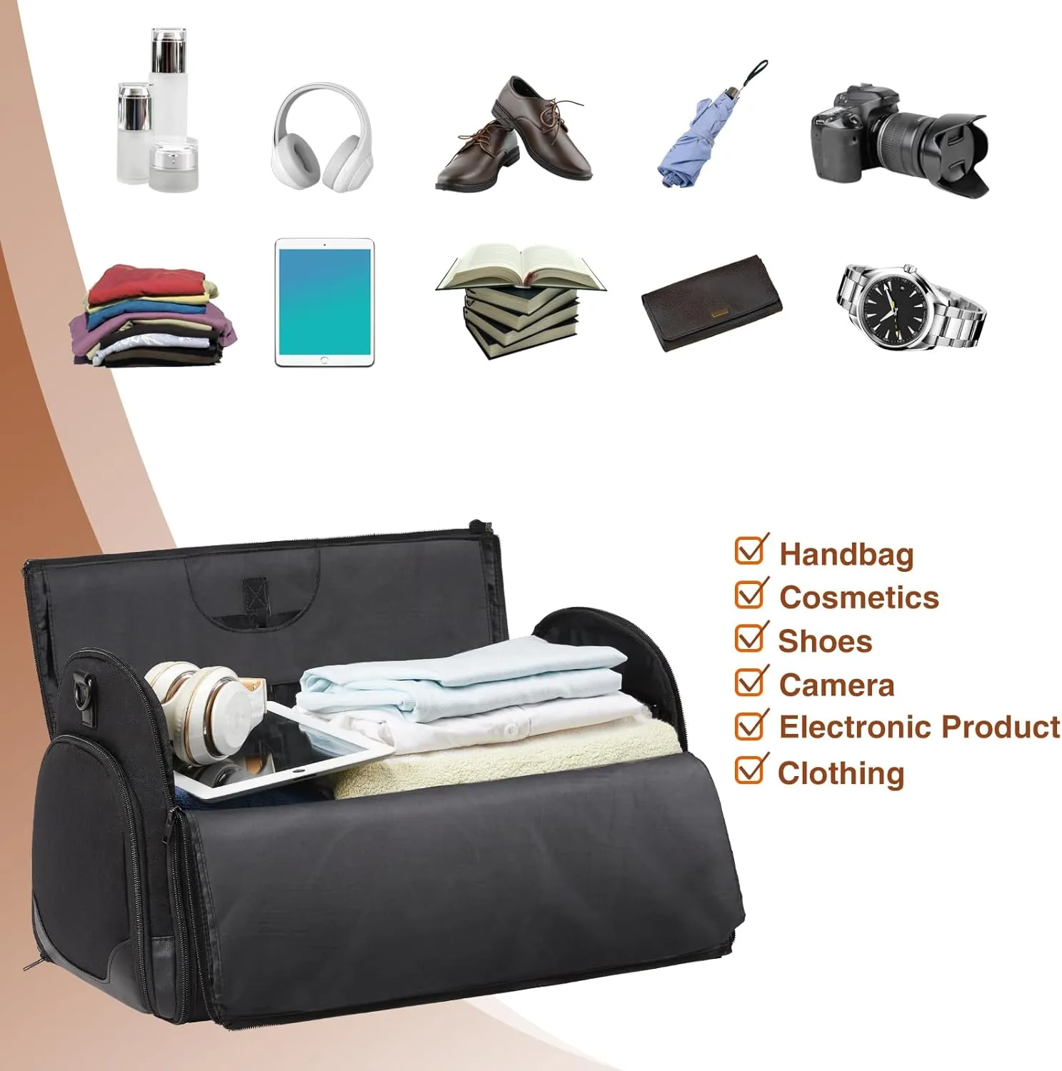 Garment Bag for Travel, Carry On Garment bag, Convertible Duffel Bag with Shoe Compartment, Perfect for Business Trips and Weekend Getaways, Black