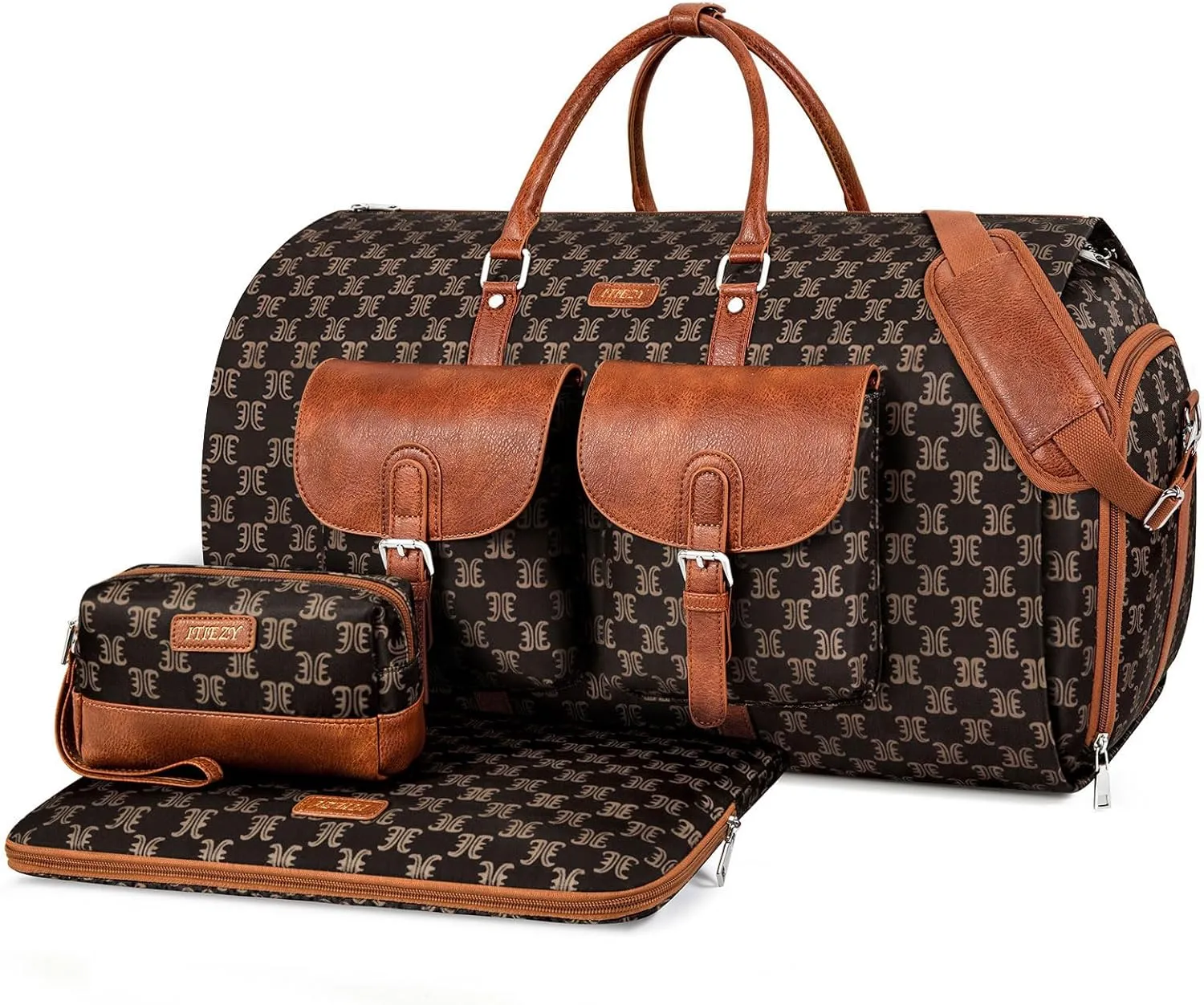 Garment Bag for Travel, Convertible Carry on Garment Duffel Bag for Men 3Pcs, Faux Leather Waterproof Large Weekender Bag for Men 2 in 1 Hanging Suitcase Suit Dress Business Travel Bag
