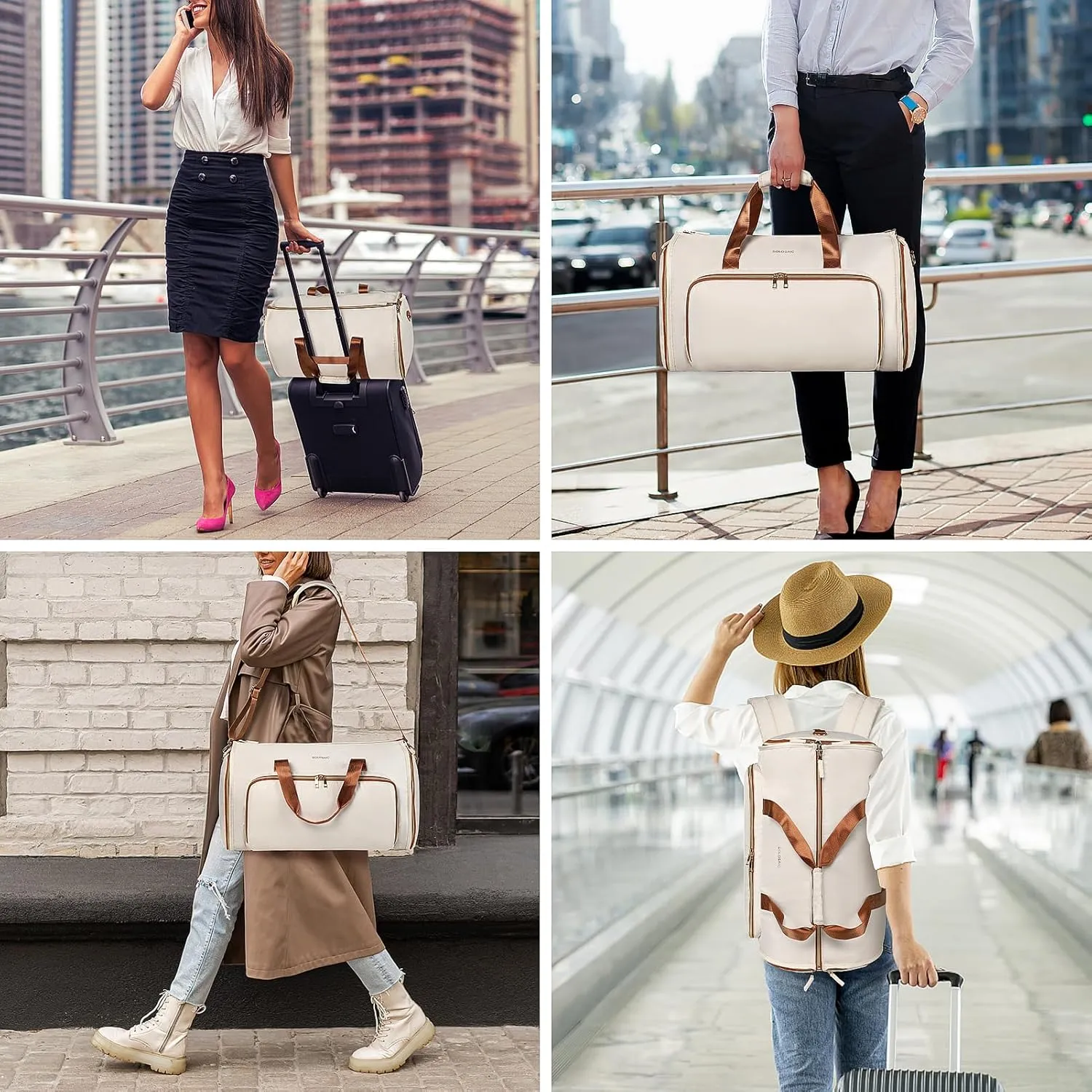 Garment Bags for Travel, Convertible Garment Bag with Detachable Hanging Suit Bag, Carry on Travel Duffel Bag with Shoulder Strap and Shoes Cover, 3 in 1 Hanging Suit Bags for Women/Men, White Brown
