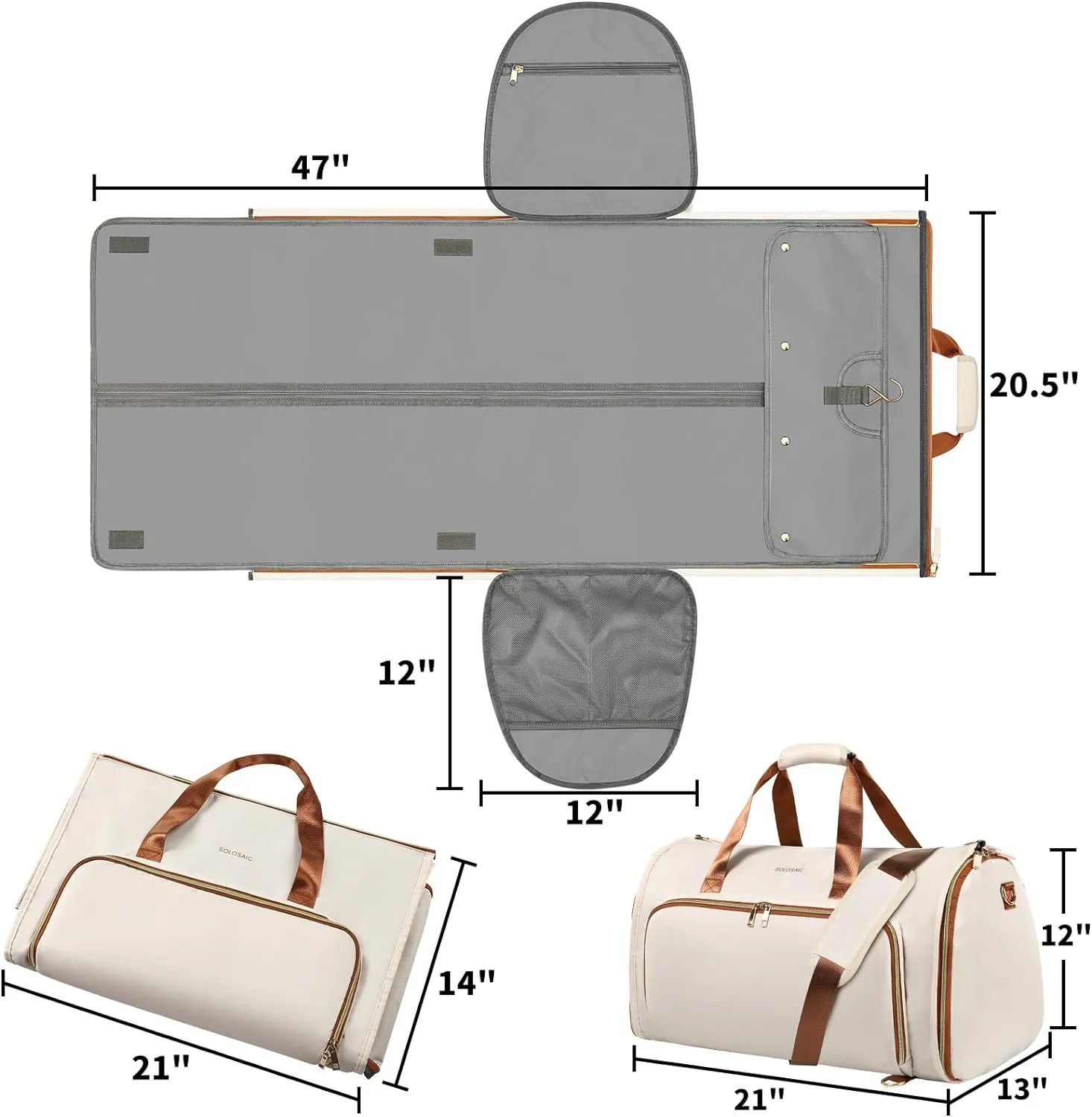 Garment Bags for Travel, Convertible Garment Bag with Detachable Hanging Suit Bag, Carry on Travel Duffel Bag with Shoulder Strap and Shoes Cover, 3 in 1 Hanging Suit Bags for Women/Men, White Brown