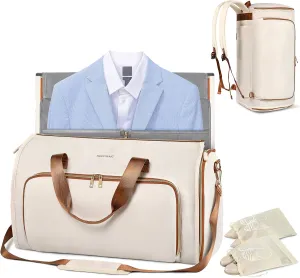 Garment Bags for Travel, Convertible Garment Bag with Detachable Hanging Suit Bag, Carry on Travel Duffel Bag with Shoulder Strap and Shoes Cover, 3 in 1 Hanging Suit Bags for Women/Men, White Brown