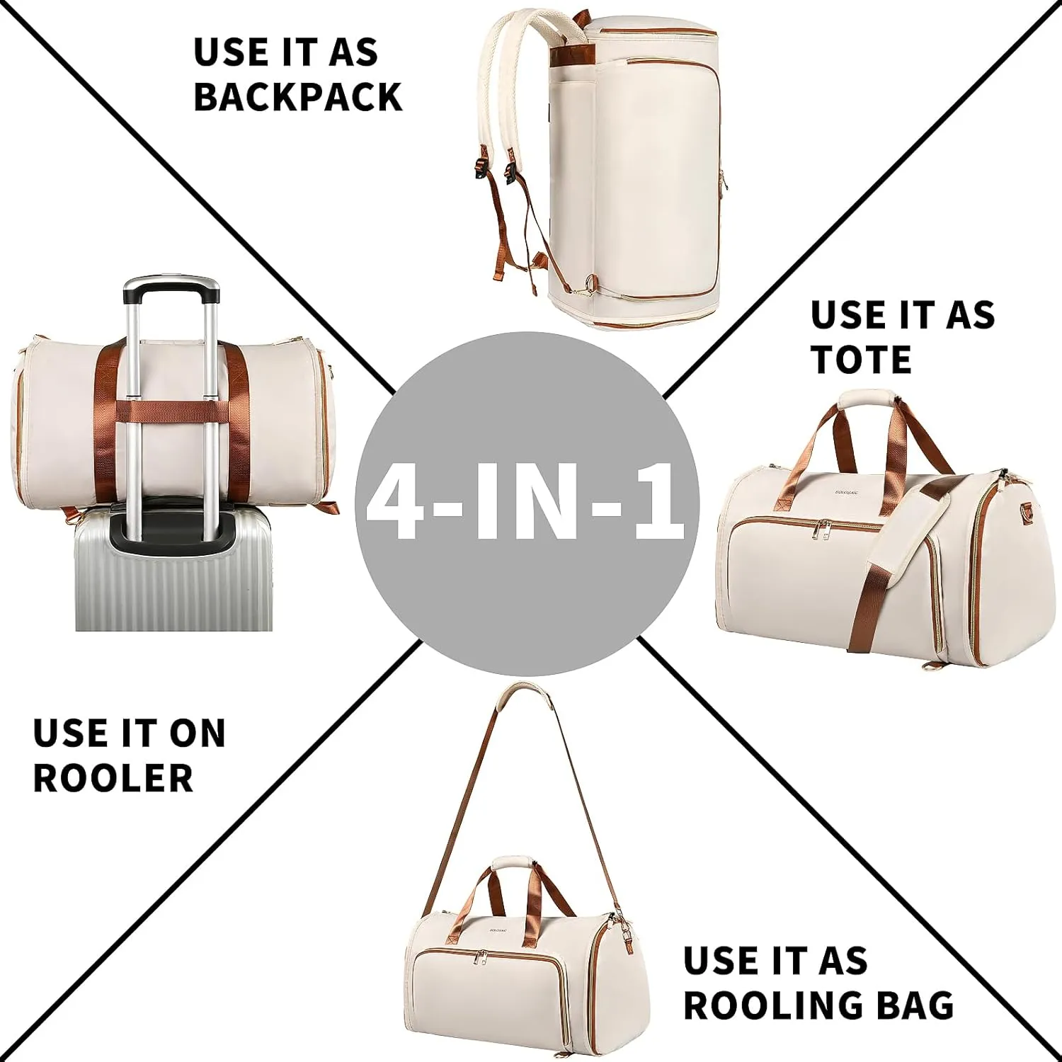 Garment Bags for Travel, Convertible Garment Bag with Detachable Hanging Suit Bag, Carry on Travel Duffel Bag with Shoulder Strap and Shoes Cover, 3 in 1 Hanging Suit Bags for Women/Men, White Brown