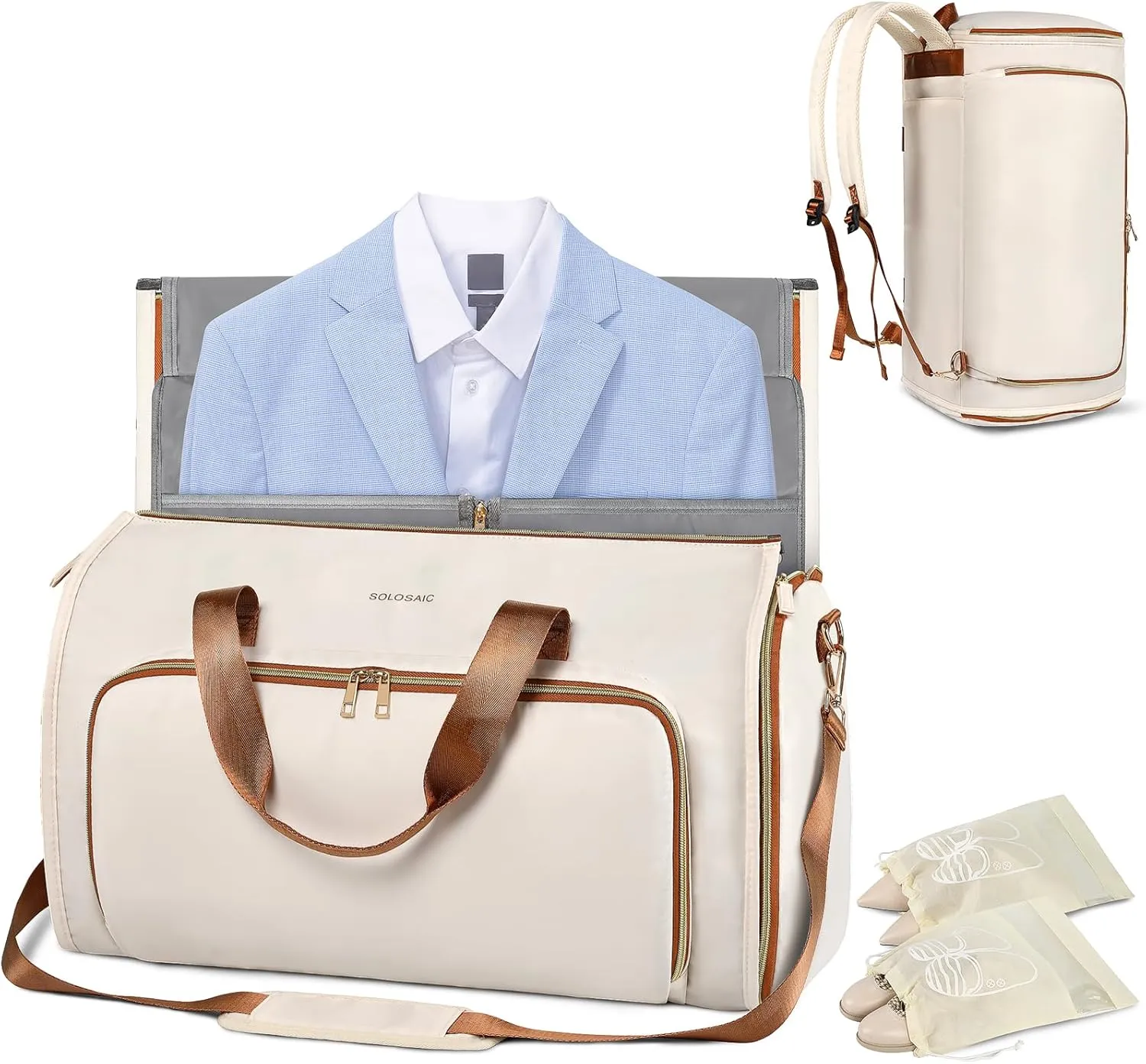 Garment Bags for Travel, Convertible Garment Bag with Detachable Hanging Suit Bag, Carry on Travel Duffel Bag with Shoulder Strap and Shoes Cover, 3 in 1 Hanging Suit Bags for Women/Men, White Brown