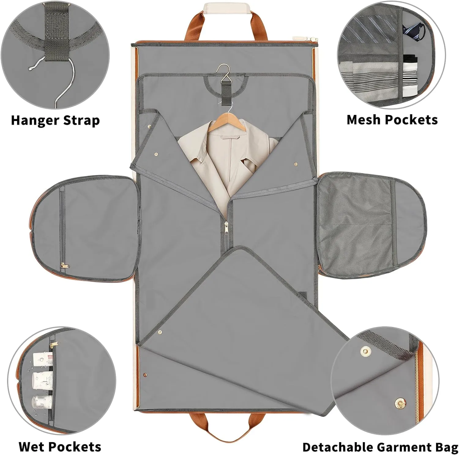 Garment Bags for Travel, Convertible Garment Bag with Detachable Hanging Suit Bag, Carry on Travel Duffel Bag with Shoulder Strap and Shoes Cover, 3 in 1 Hanging Suit Bags for Women/Men, White Brown