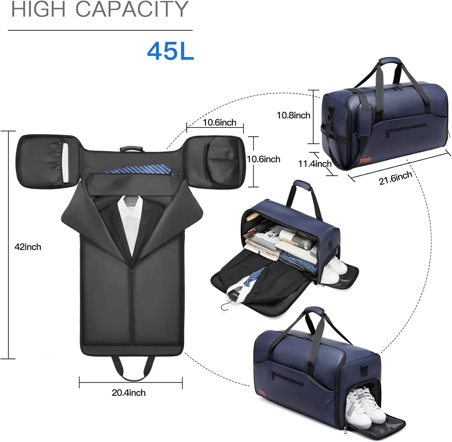 Garment Duffle Bags for Travel,Moulyan Convertible Garment Bag with Shoe Compartment,3 in 1 Waterproof Travel Suit Bag with Shoulder Strap for Men Women