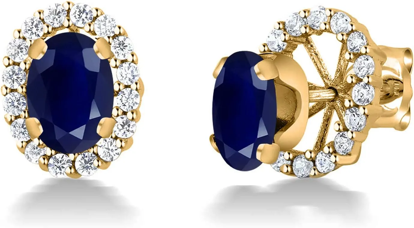 Gem Stone King 18K Yellow Gold Plated Silver Oval Blue Sapphire Removable Jacket Stud Earrings For Women