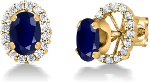 Gem Stone King 18K Yellow Gold Plated Silver Oval Blue Sapphire Removable Jacket Stud Earrings For Women