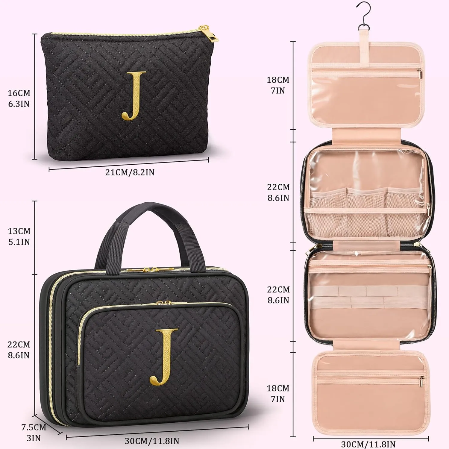 Gifts for Women, Initial Toiletry Makeup Bag Hanging Cosmetic Organizer with Embroidery Letter Personalized Nurse Teacher Appreciation Gift Birthday Mothers Day Gifts for Mom Sister Wife Friend Auntie