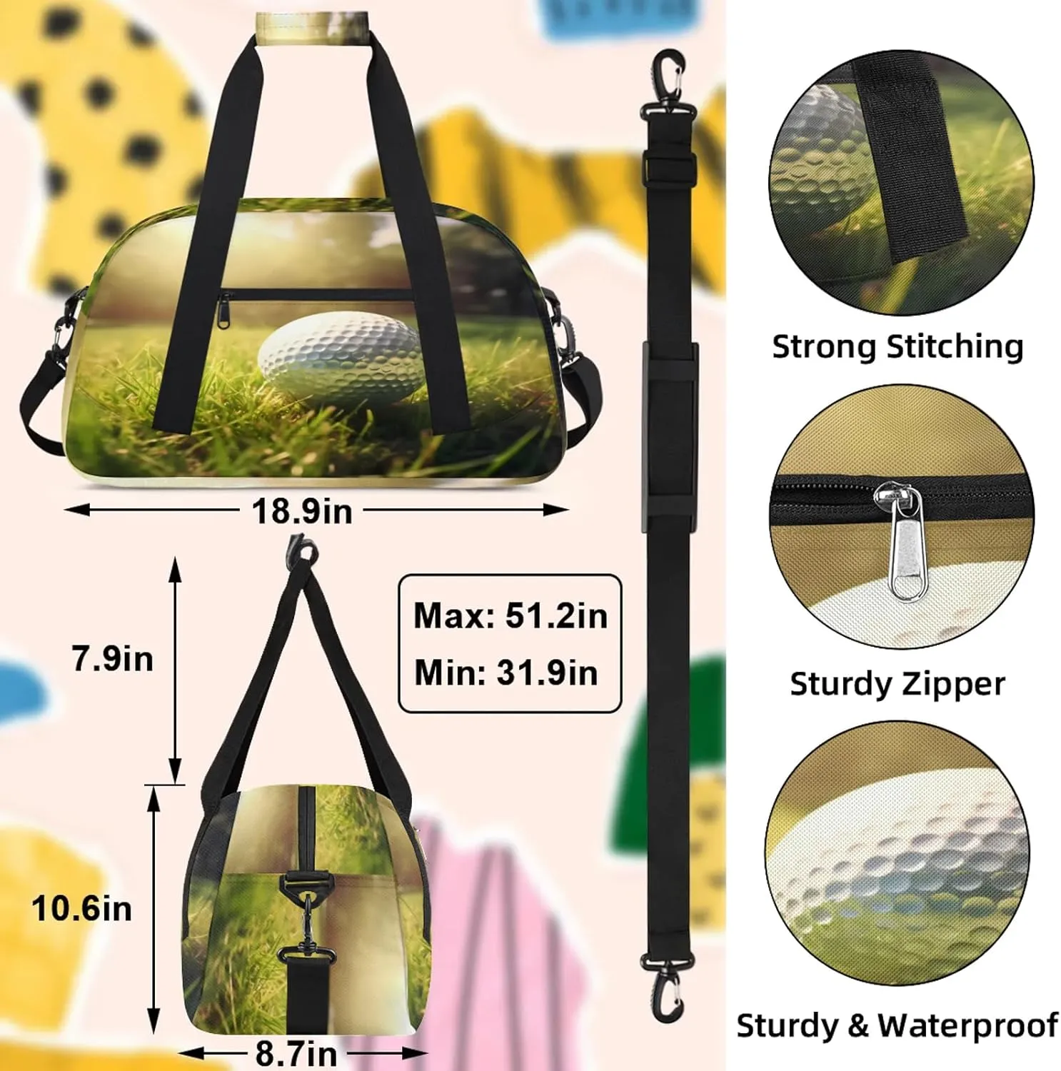 Golf Club Themed Small Gym Bag 18 inch Carry On Duffel Bag for Weekender Travel Sports Workout Yoga Gymnastics Dance Ballet