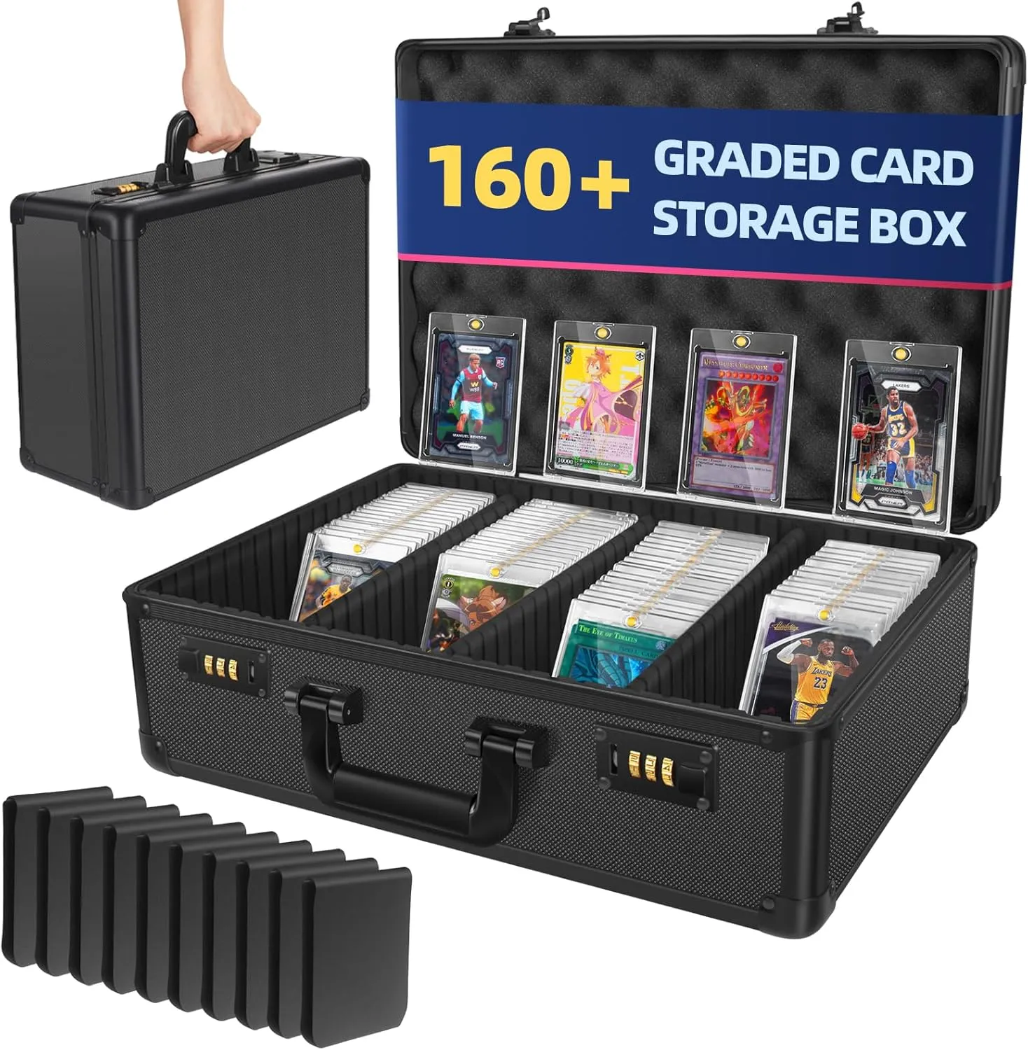 Graded Card Trading Card Storage Box with LOCK, 160  4 Row PSA Sports Card Slab Case with Adjustable Foam Dividers