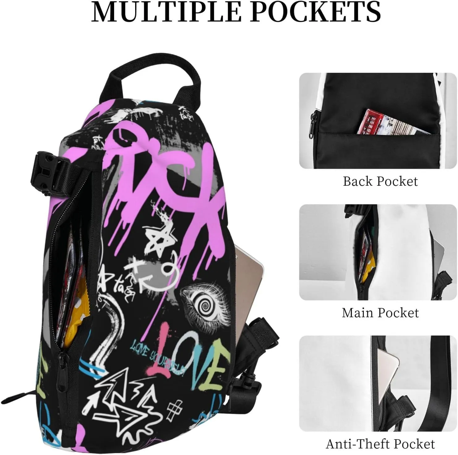 Graffiti Sling Backpack Graffiti Gifts Crossbody Bag For Women Men Sling Bag Travel Hiking Chest Bag Unisex