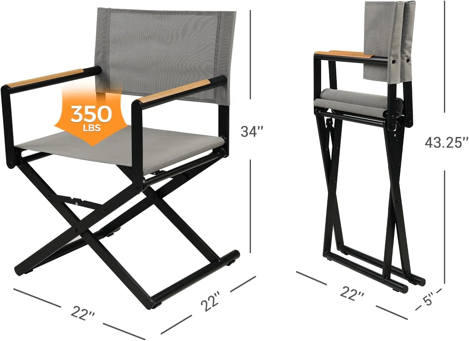 Grand patio Extra-Wide 2-Pack Directors Chairs, Folding Dining Chair Set of 2 with Sling, Woodgrain Armrests, Outdoor, Gray