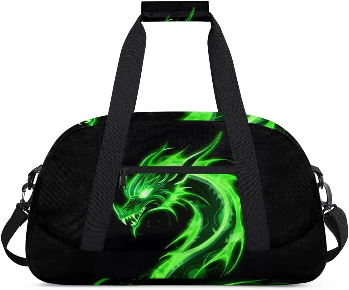 Green Dragon Kids Duffel Bag for Boys, Abstract Animal Sports Gym Bags Overnight Travel Weekender Lightweight Carry On Sleepovers Duffels for School Practice Gymnastics