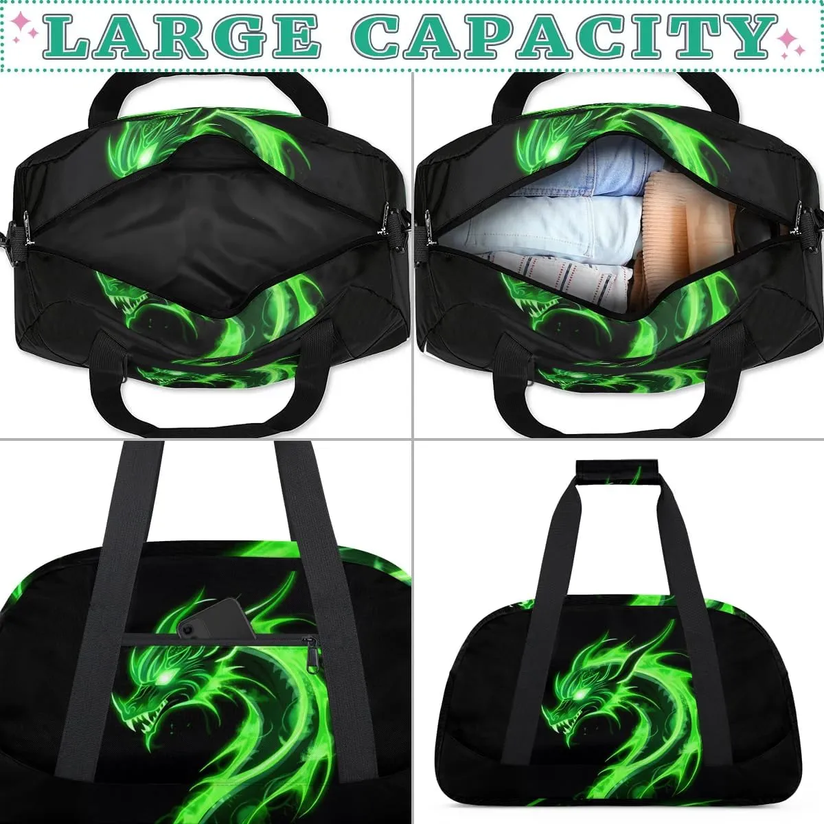 Green Dragon Kids Duffel Bag for Boys, Abstract Animal Sports Gym Bags Overnight Travel Weekender Lightweight Carry On Sleepovers Duffels for School Practice Gymnastics