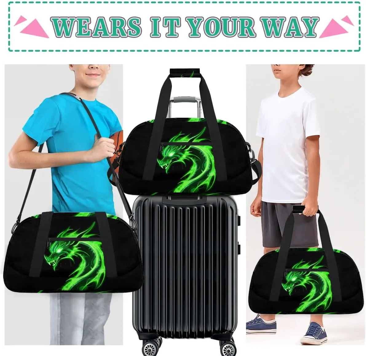 Green Dragon Kids Duffel Bag for Boys, Abstract Animal Sports Gym Bags Overnight Travel Weekender Lightweight Carry On Sleepovers Duffels for School Practice Gymnastics