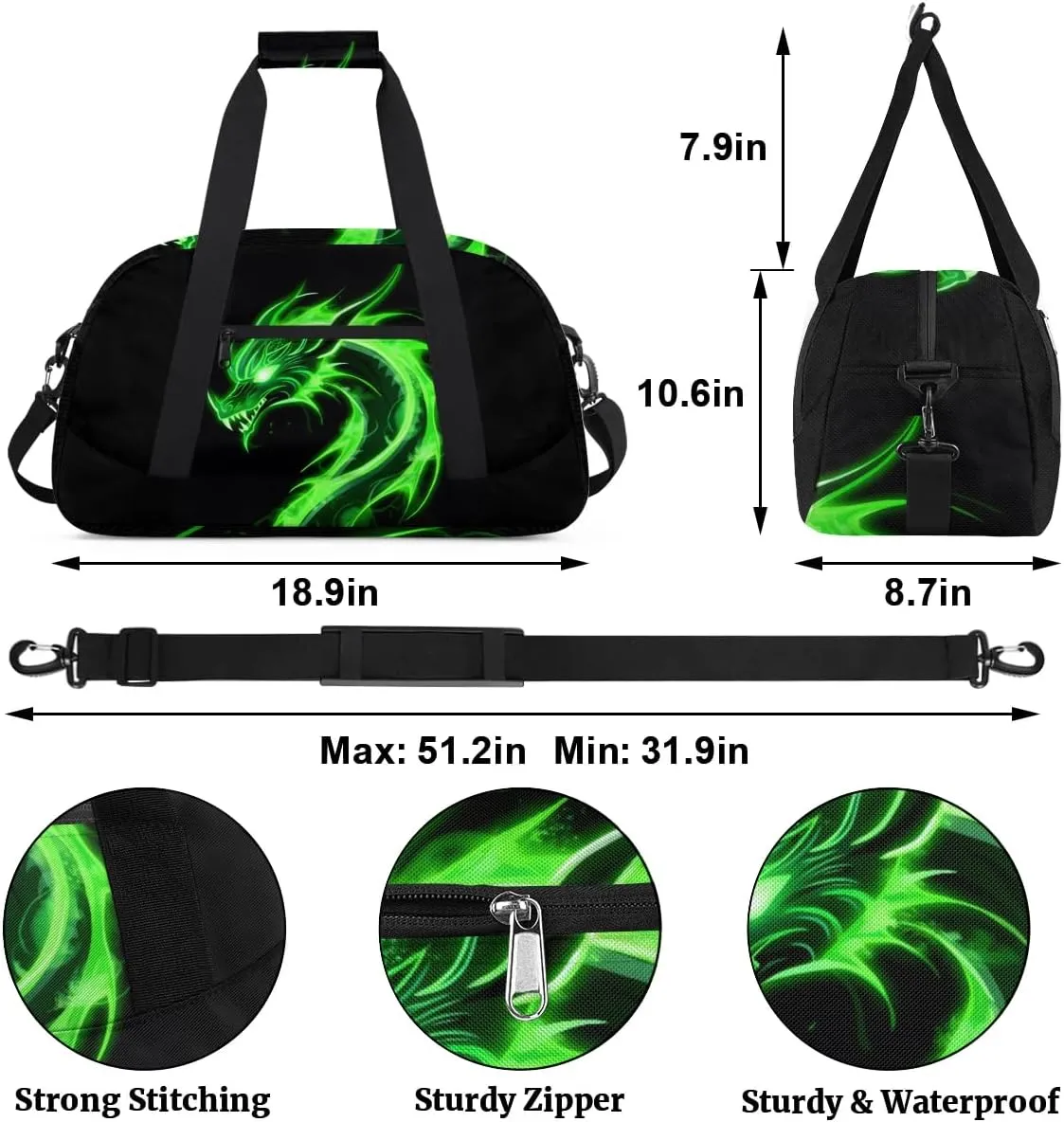 Green Dragon Kids Duffel Bag for Boys, Abstract Animal Sports Gym Bags Overnight Travel Weekender Lightweight Carry On Sleepovers Duffels for School Practice Gymnastics