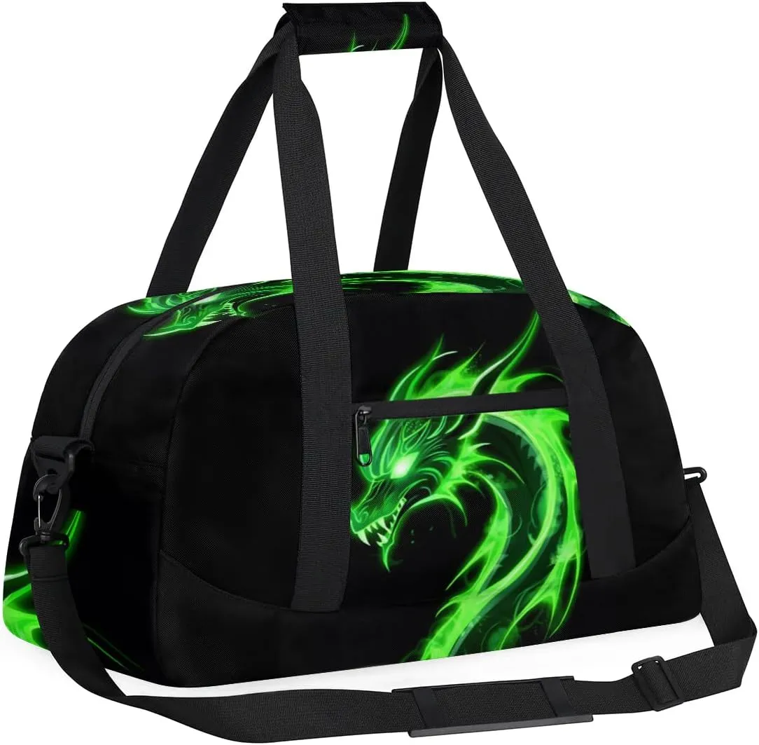 Green Dragon Kids Duffel Bag for Boys, Abstract Animal Sports Gym Bags Overnight Travel Weekender Lightweight Carry On Sleepovers Duffels for School Practice Gymnastics