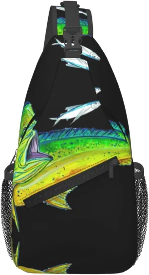 Green Fish Print Sling Bag Crossbody Backpack For Women Men Hiking Travel Over The Shoulder Multipurpose Bag