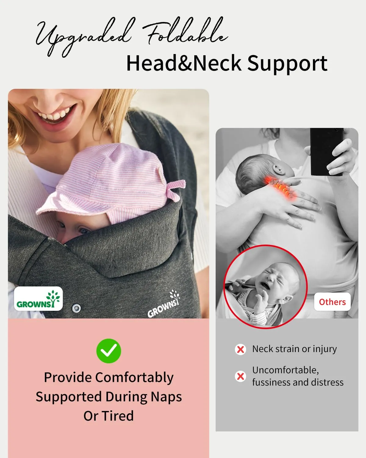 GROWNSY Baby Carrier, Cozy Baby Wraps Carrier, Ergonomic Baby Carrier Newborn to Toddler with Head Support, Deep Grey