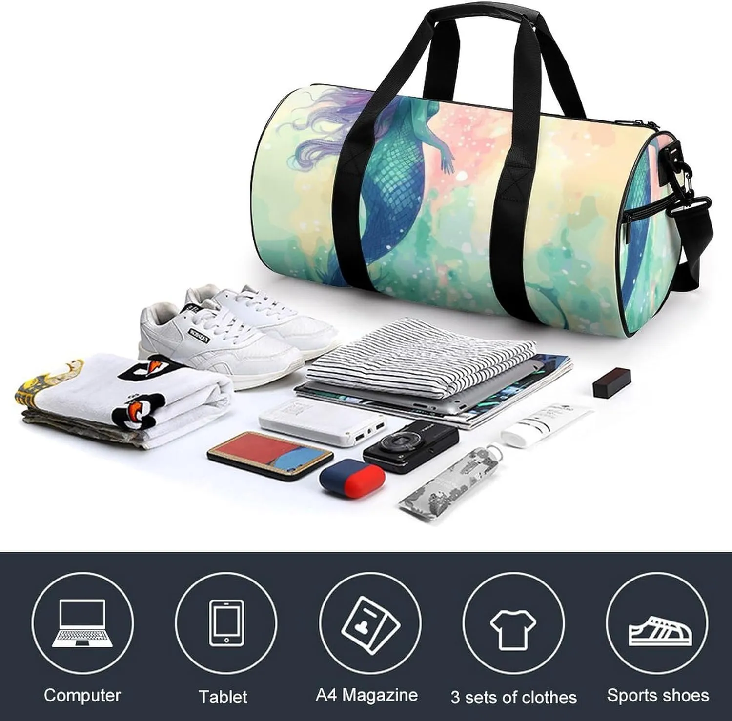 Gym Bag for Men Women Beautiful Mermaid Tail Duffel Bag Overnight Bag with Compartment Gym Sackpac