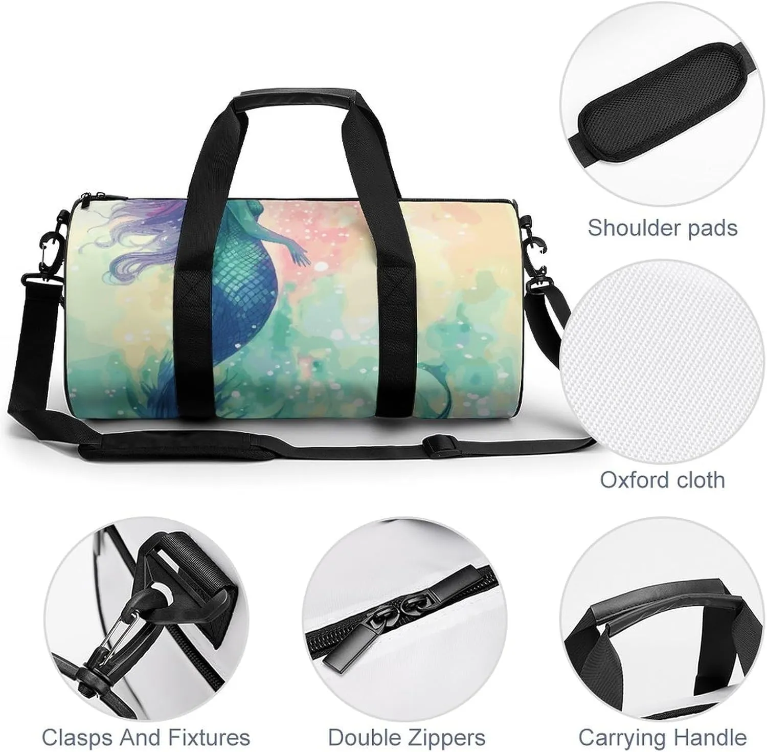 Gym Bag for Men Women Beautiful Mermaid Tail Duffel Bag Overnight Bag with Compartment Gym Sackpac