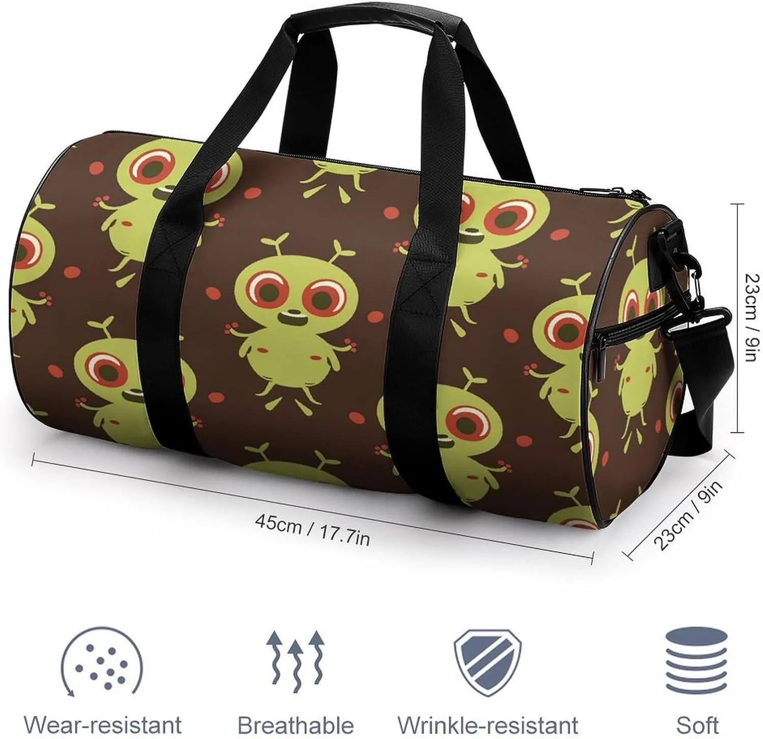 Gym Bag for Men Women Cartoon Green Alien Duffel Bag Overnight Bag with Compartment Gym Sackpac