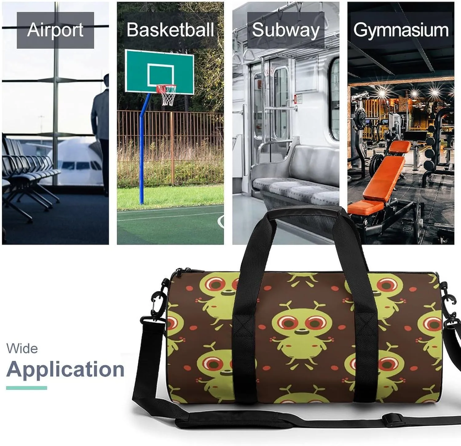 Gym Bag for Men Women Cartoon Green Alien Duffel Bag Overnight Bag with Compartment Gym Sackpac