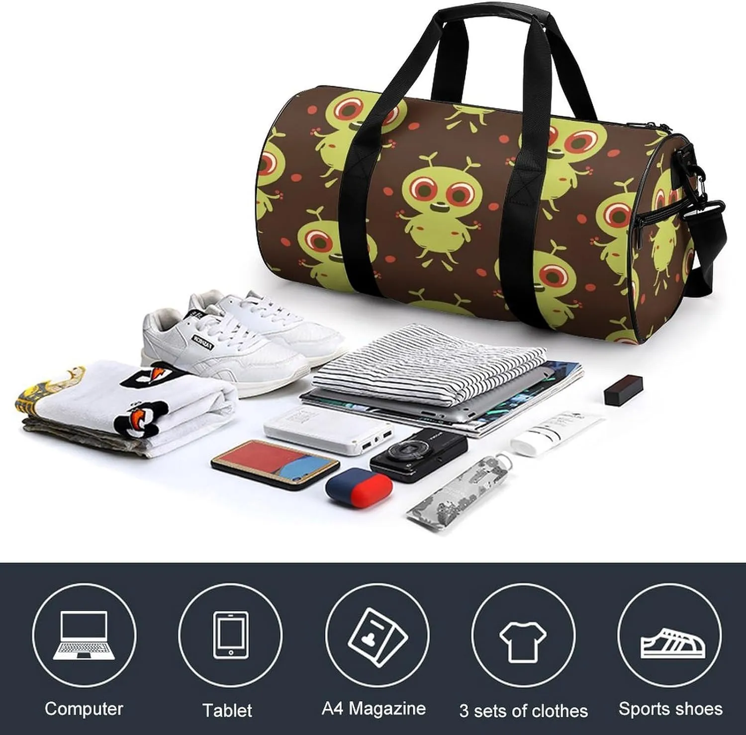 Gym Bag for Men Women Cartoon Green Alien Duffel Bag Overnight Bag with Compartment Gym Sackpac