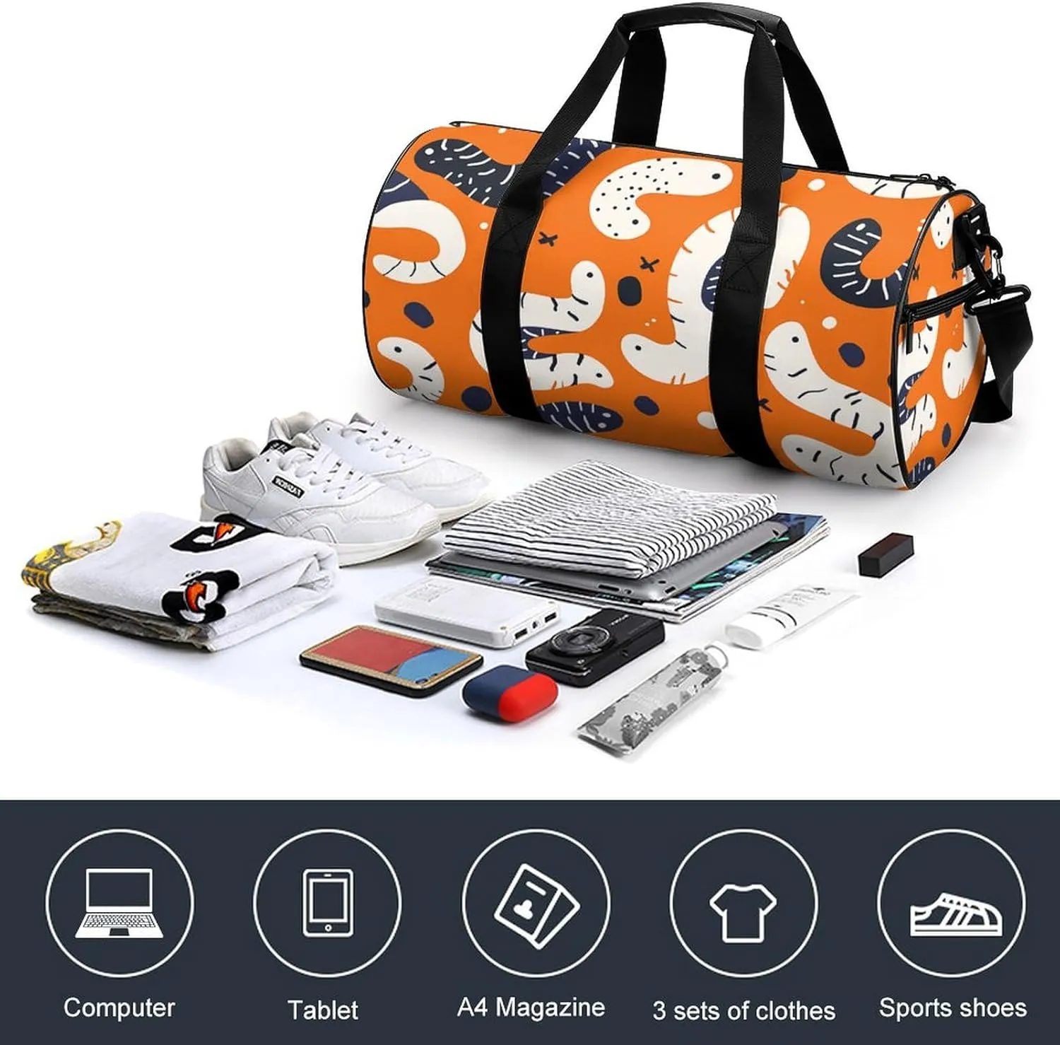 Gym Bag for Men Women Cartoon White Worm Duffel Bag Overnight Bag with Compartment Gym Sackpac