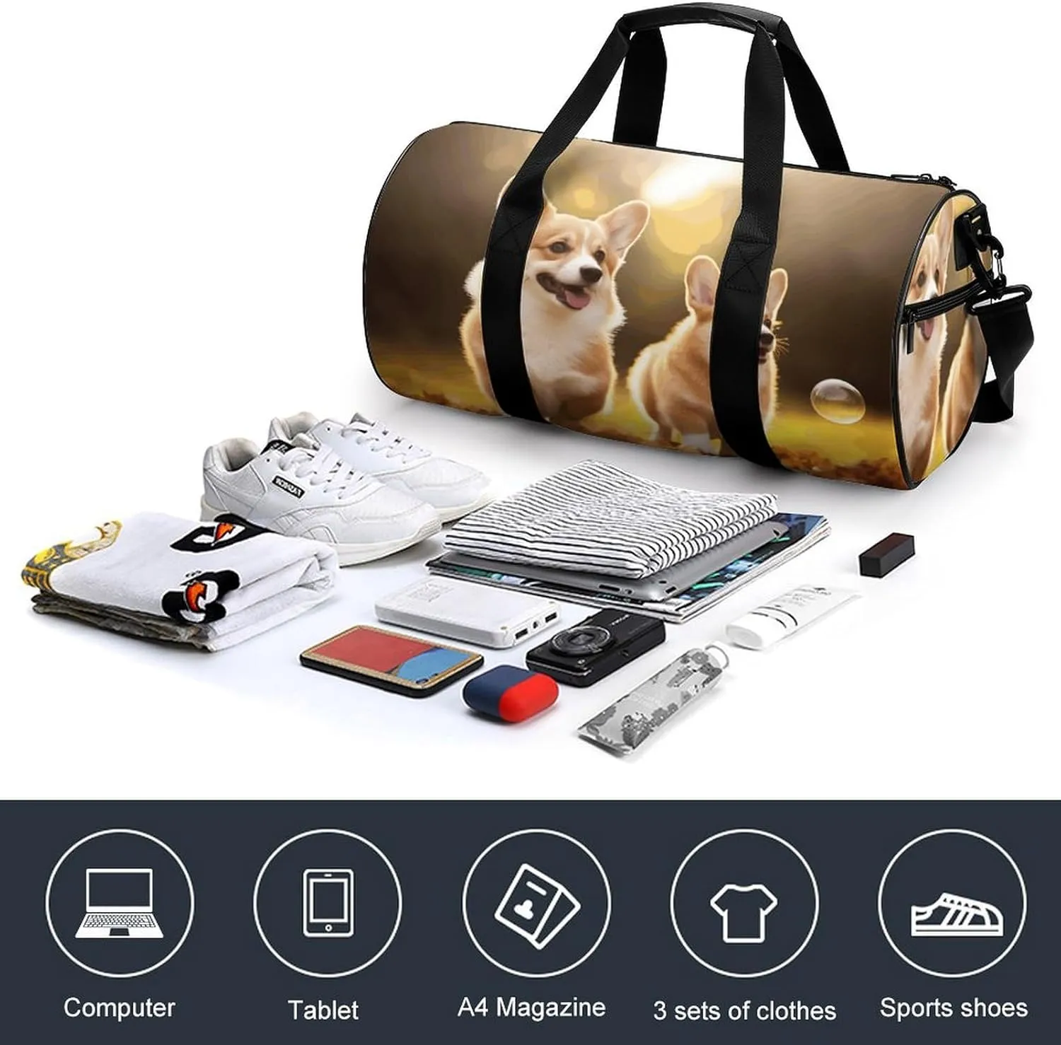 Gym Bag for Men Women Cute Corgi Dog Duffel Bag Overnight Bag with Compartment Gym Sackpac